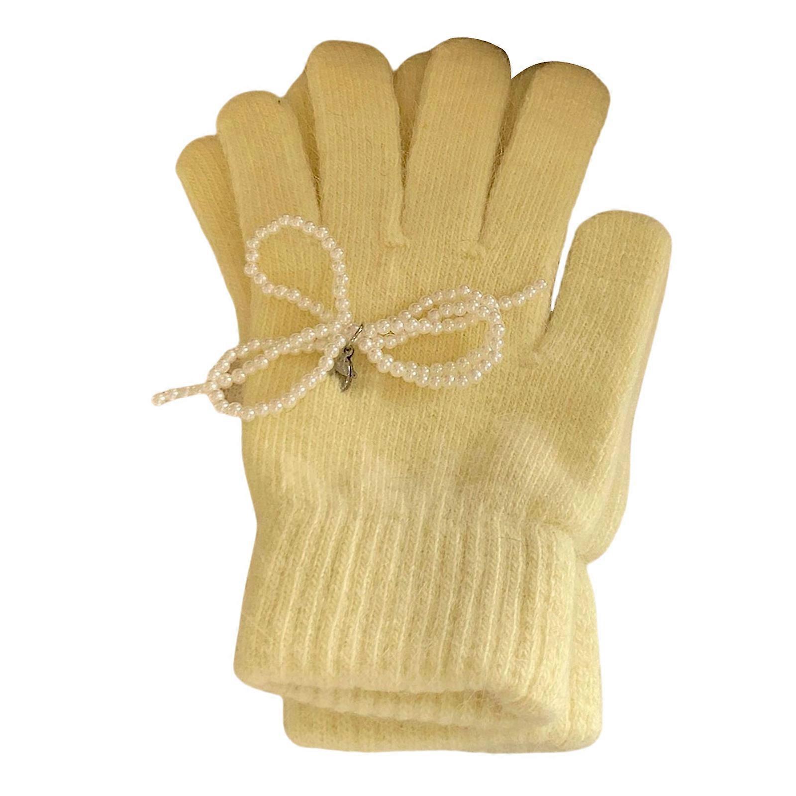 2pcs Luvas de Inverno para Adolescentes Luvas de Dedo Completo com Decoração de Laço Pequeno para Várias Ocasiões Amarelas