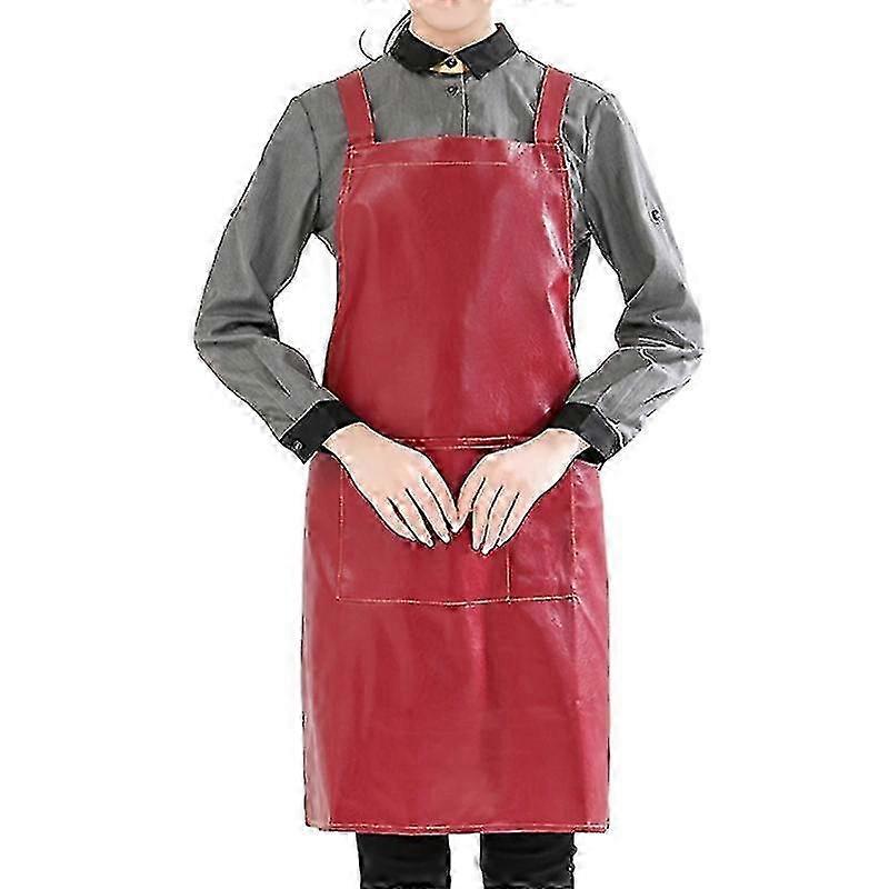 Faux Leather Work Apron with Pocket - Solid Color Oil Proof Bib for Kitchen and Cooking, Adjustable Size