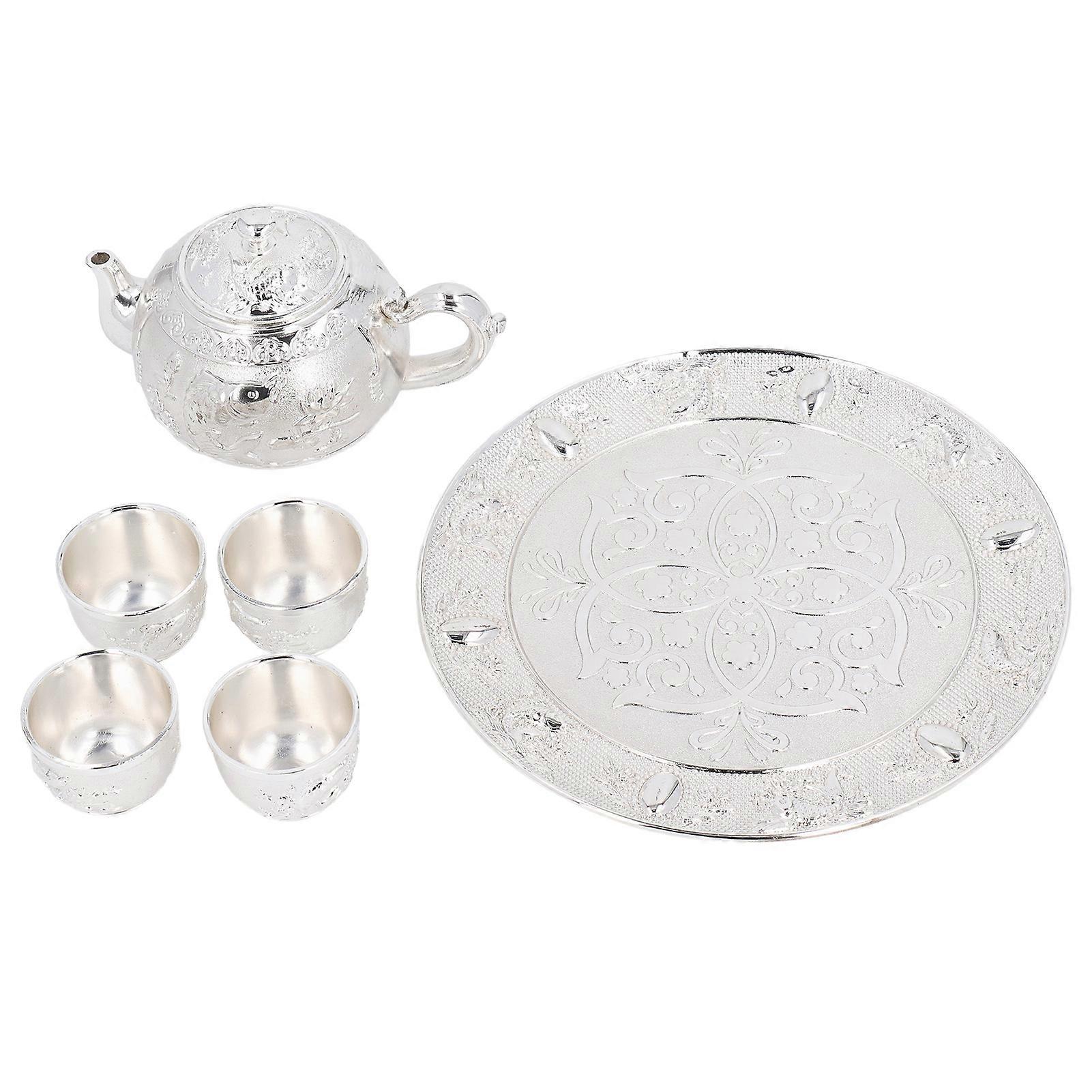 Zinc Alloy Tea Set Rustproof High Temperature Resistant Electroplated Vintage Tea Pot and Cup Set with Tea Tray Silver