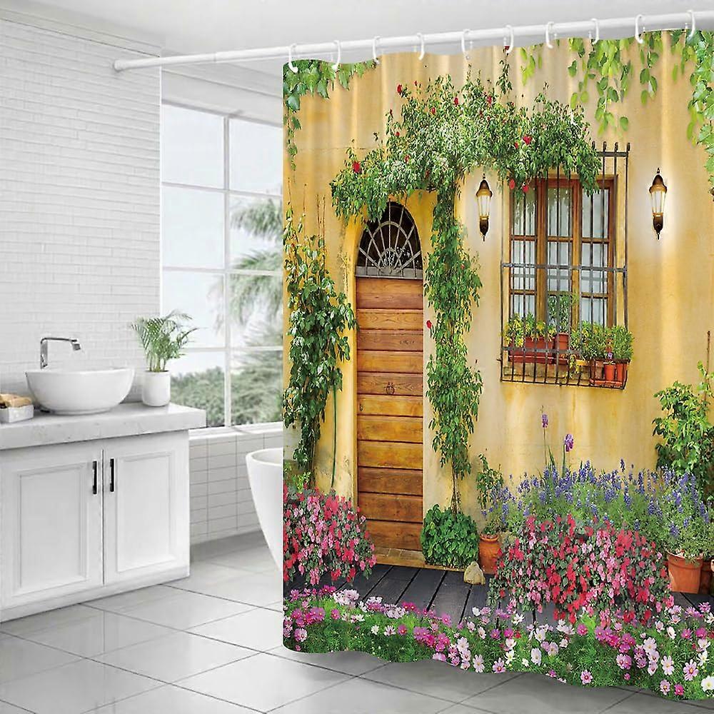 Italian Landscapes Shower Curtain Set 70 x 70 Inches Polyester Fabric with Hooks European Rustic Scenery Floral Design