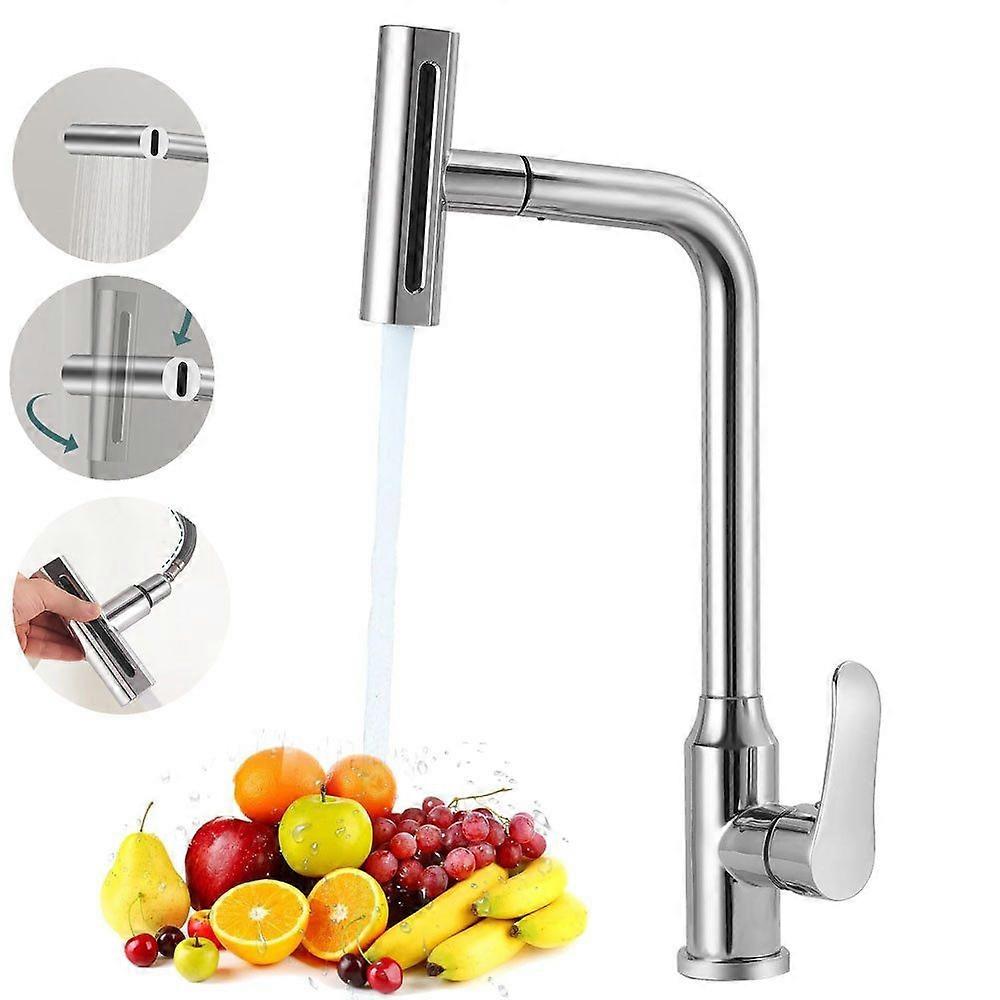 Waterfall kitchen mixer tap with pull-out spray device and modern design features