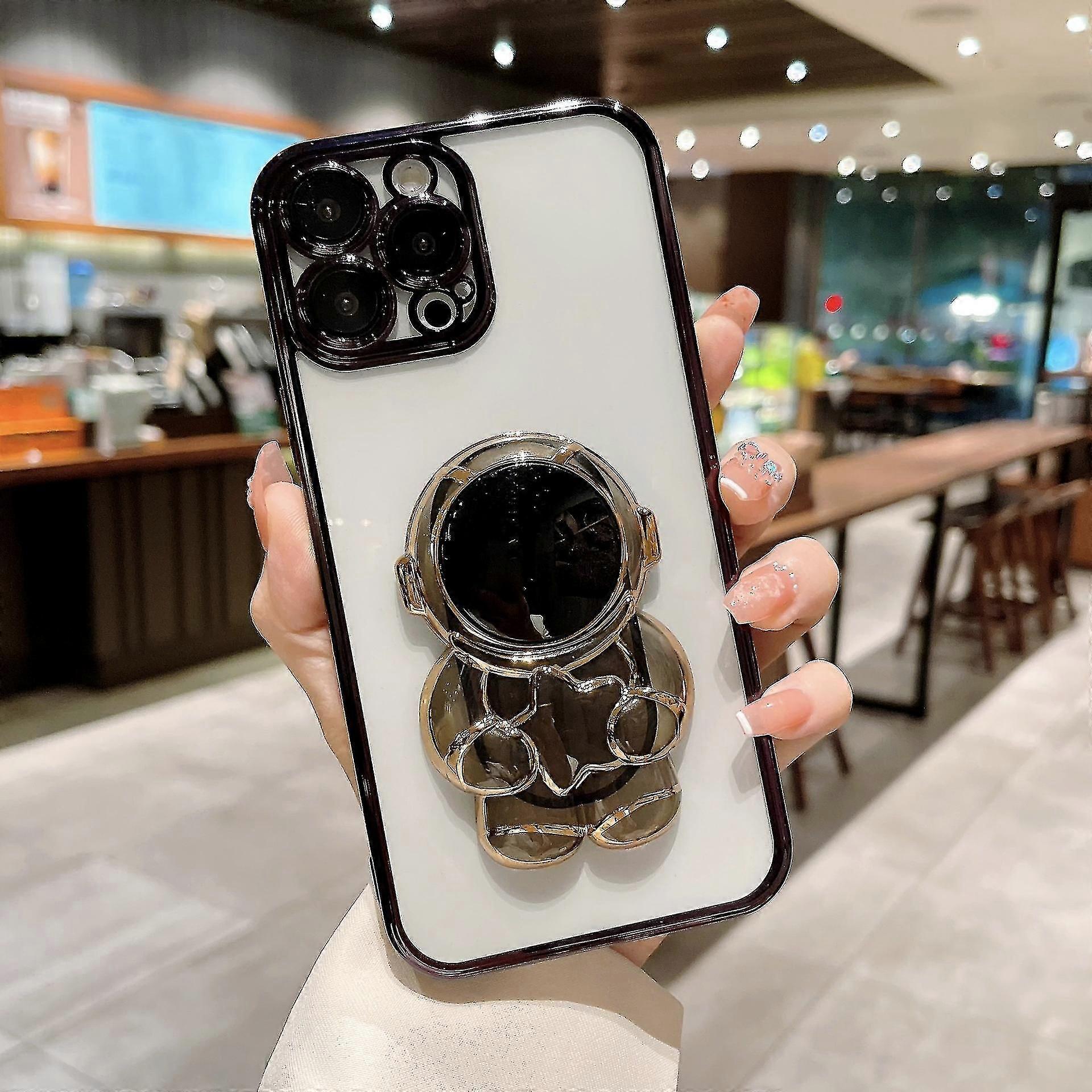 Plating Clear Case Compatible Iphone 14 Pro Max/14 Pro With Astronaut Stand Holder Lens Protector Shockproof