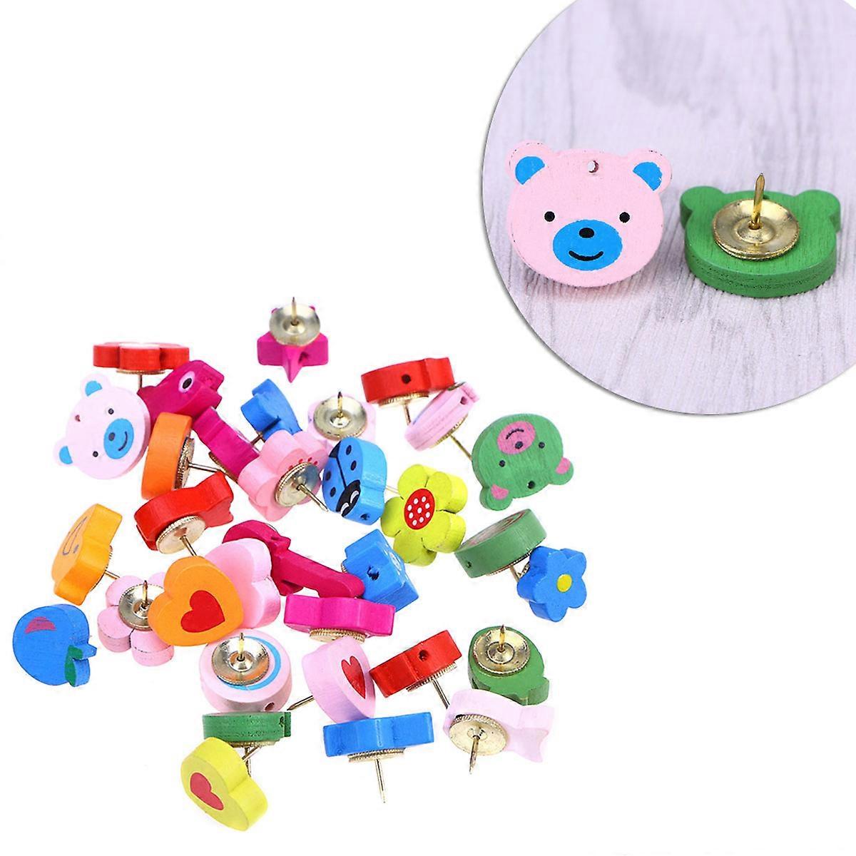 Wood Thumb Tacks Decorative Push Pin Thumbtacks Home and Office Supplies Assorted Color 30Pcs