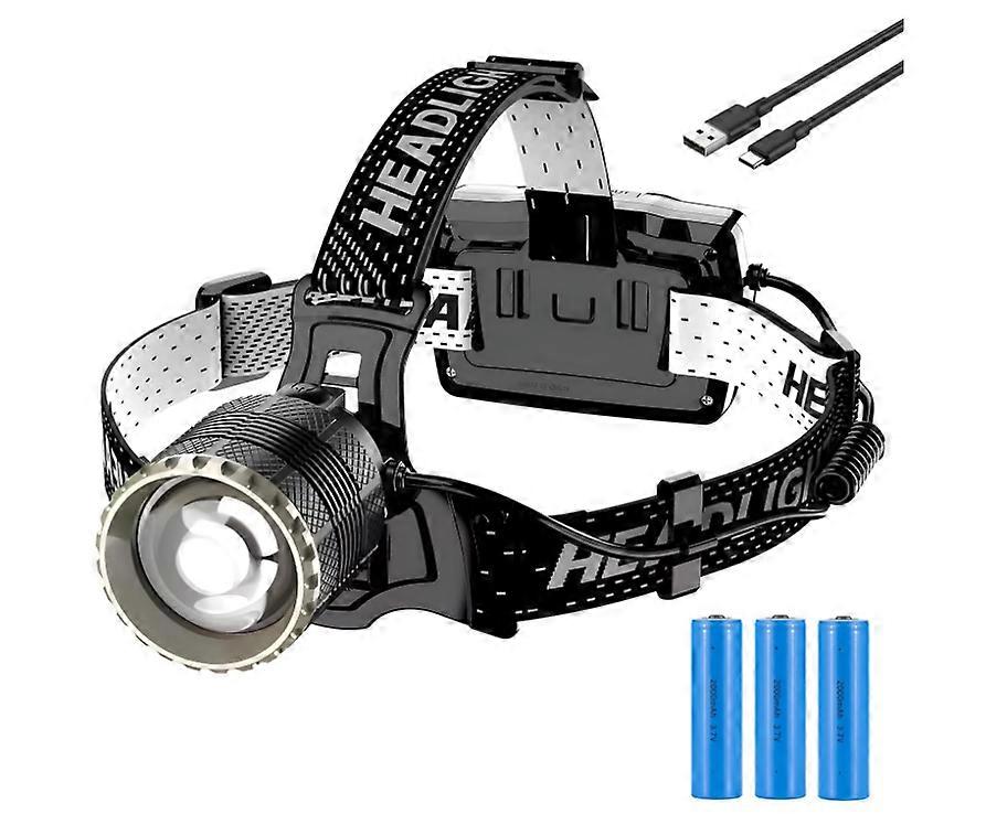 Head Torch USB-C Rechargeable,Long Battery Life, IP65 Waterproof Zoom LED Head Lamp 90Angle Adjustable(Black)
