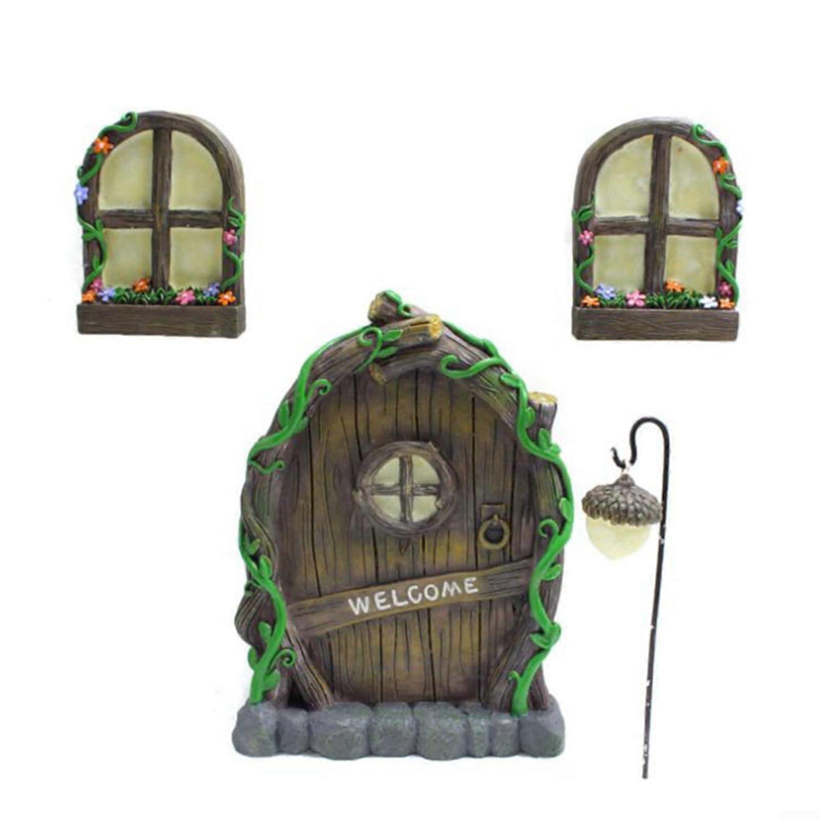 4part fairy door cabin set made of synthetic resin, glows in the dark, for garden