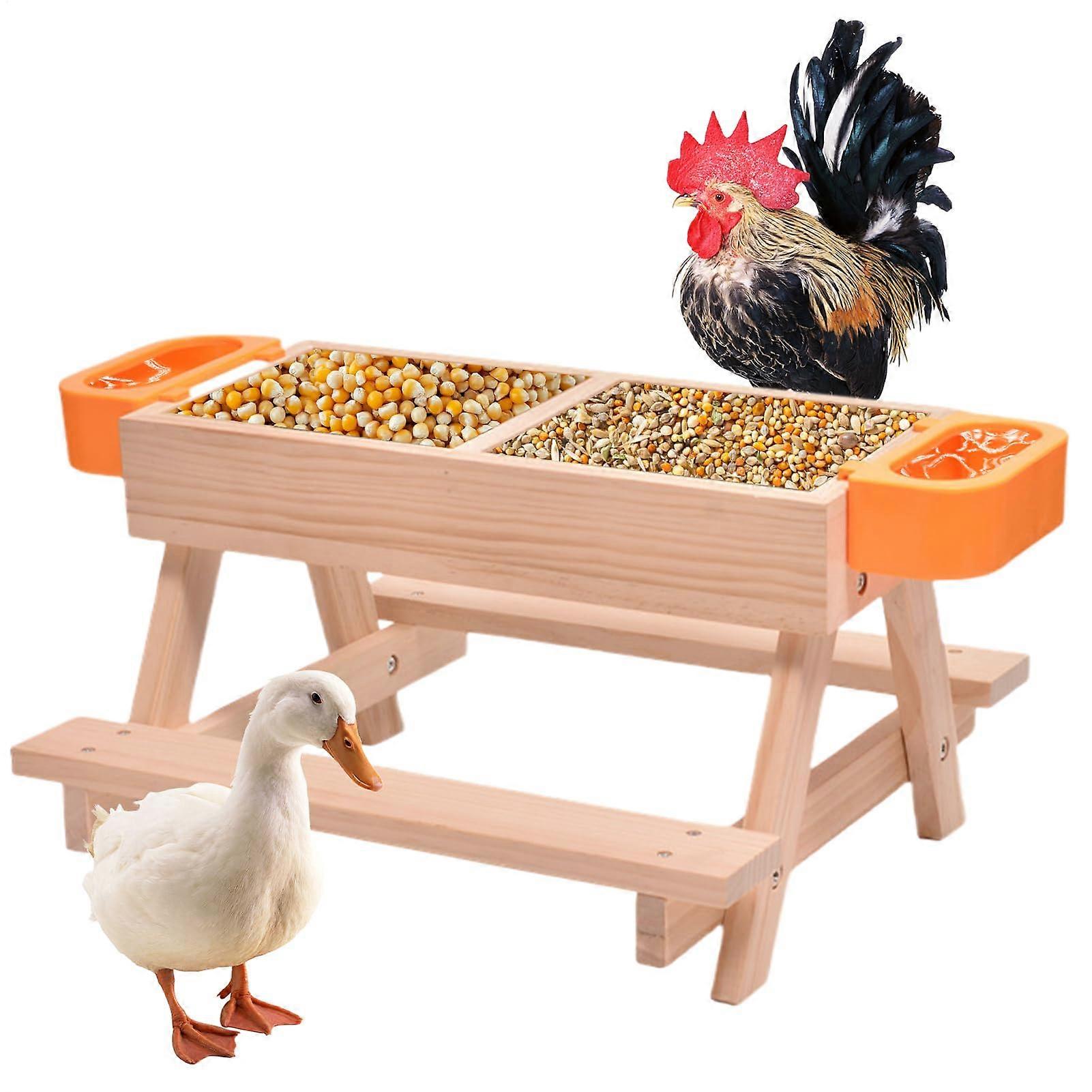 Chicken feeder without waste, waterer for outdoor use with drinker Waste holder with wooden frame