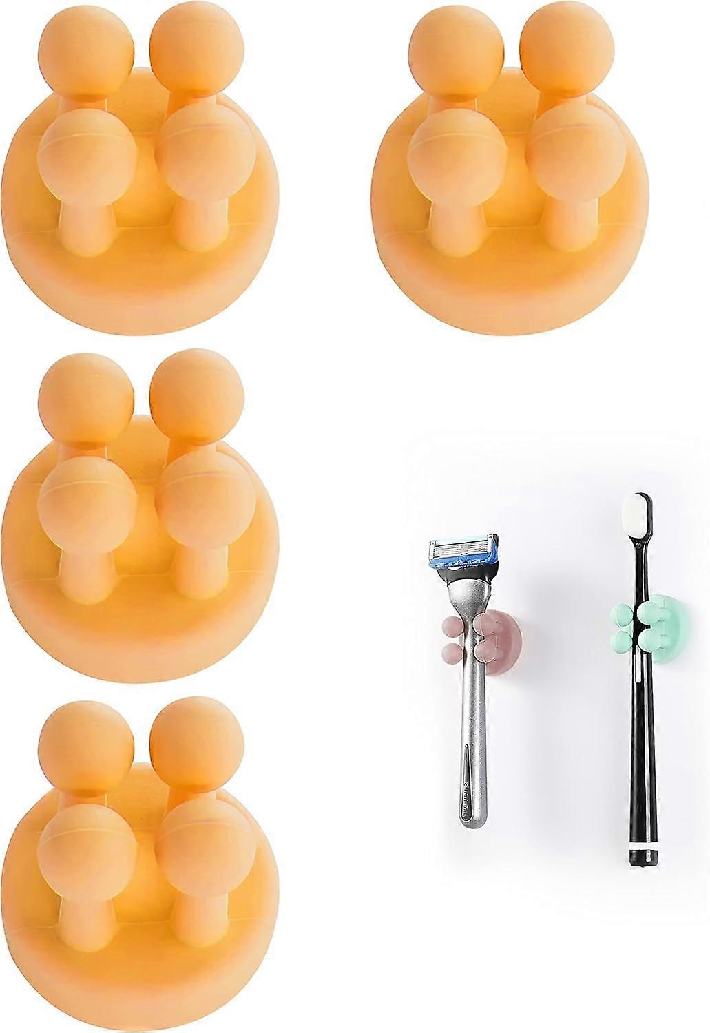 4-pack silicone toothbrush holder, razor holder, multi-function hook, waterproof self-adhesive, plug holder suitable, wall hanging，Yellow