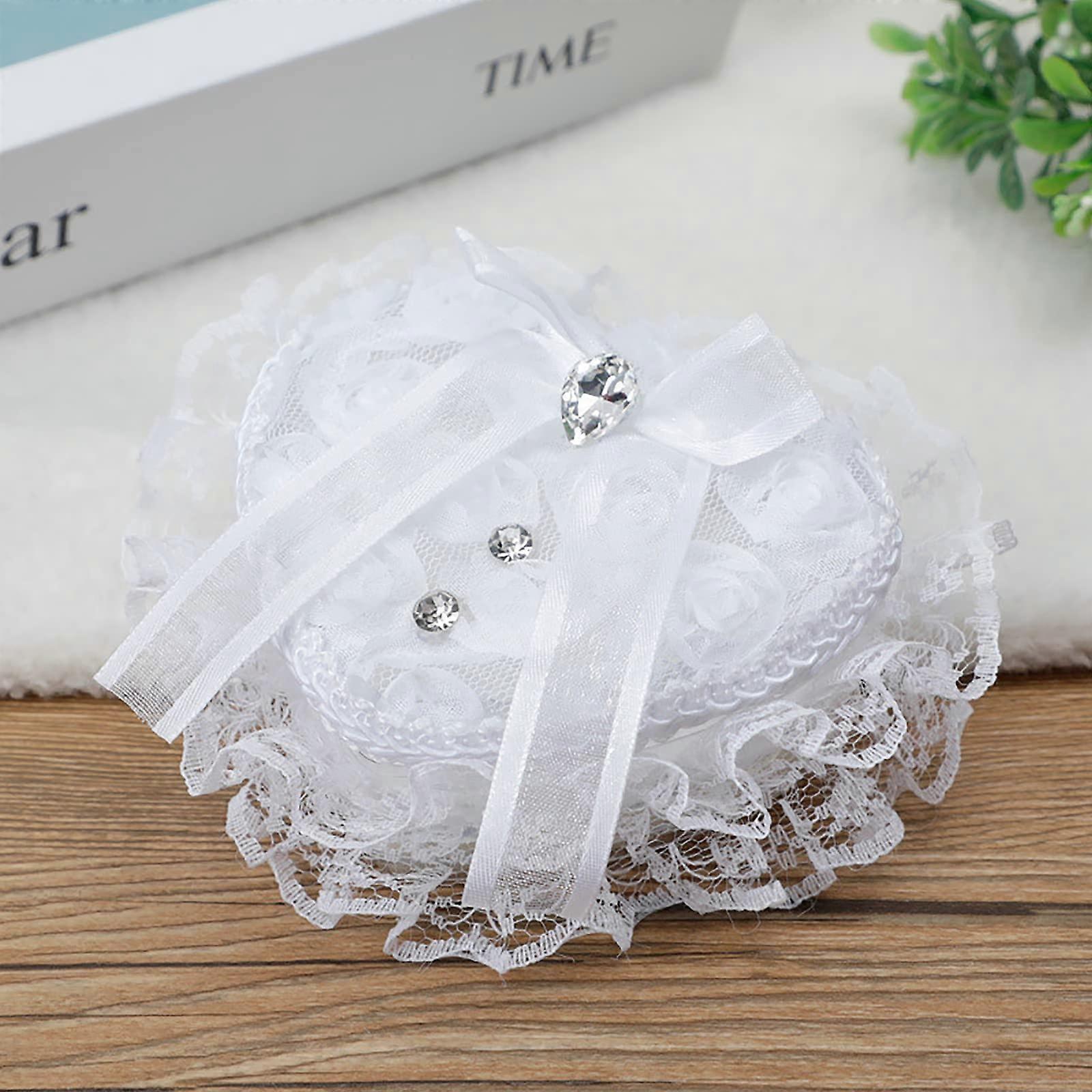 Romantic heartshaped ring holder box with lace and pearls, elegant ring pillow for wedding