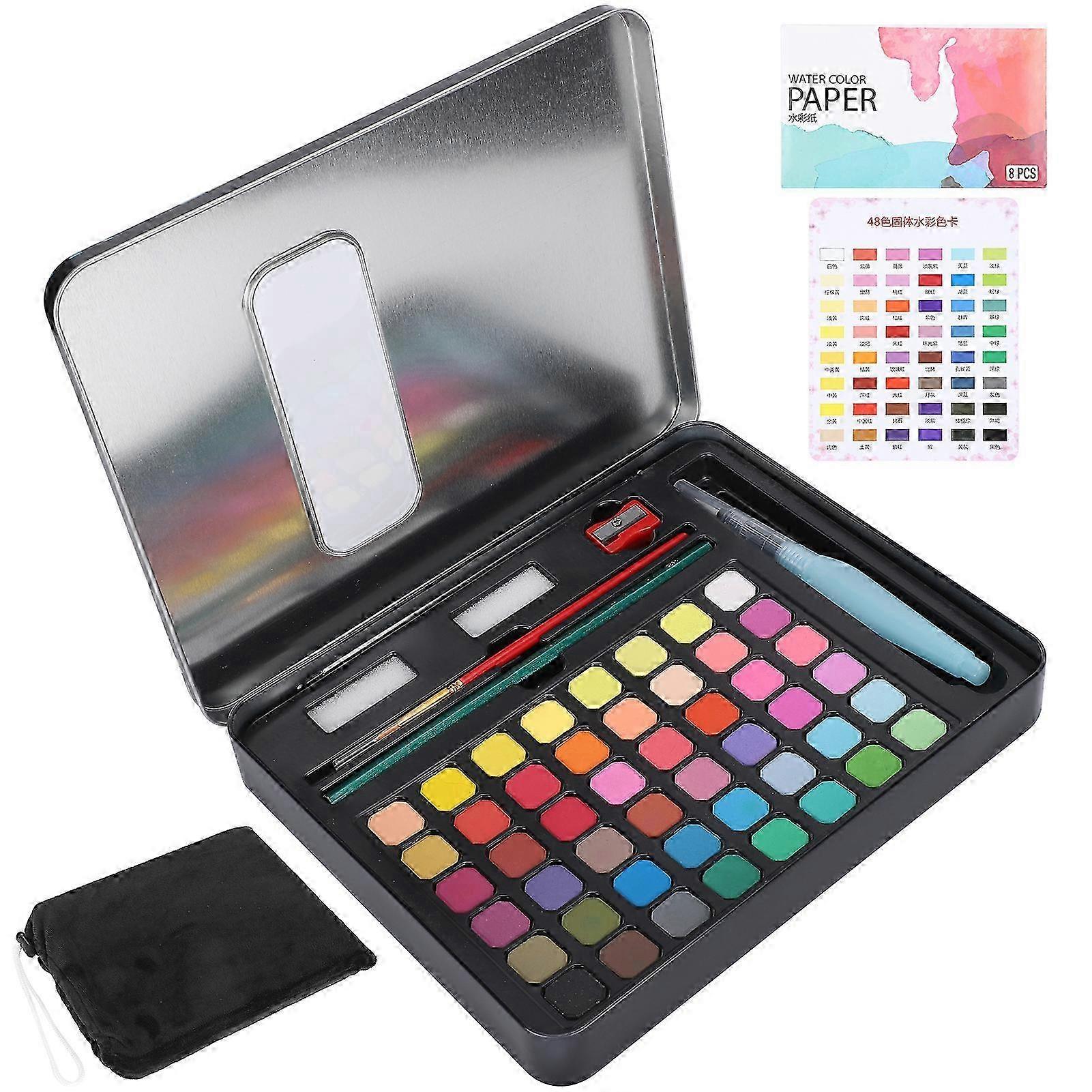 48 Colors Solid Pigment Watercolor Paints Set Portable with Metal Box Mineral Material