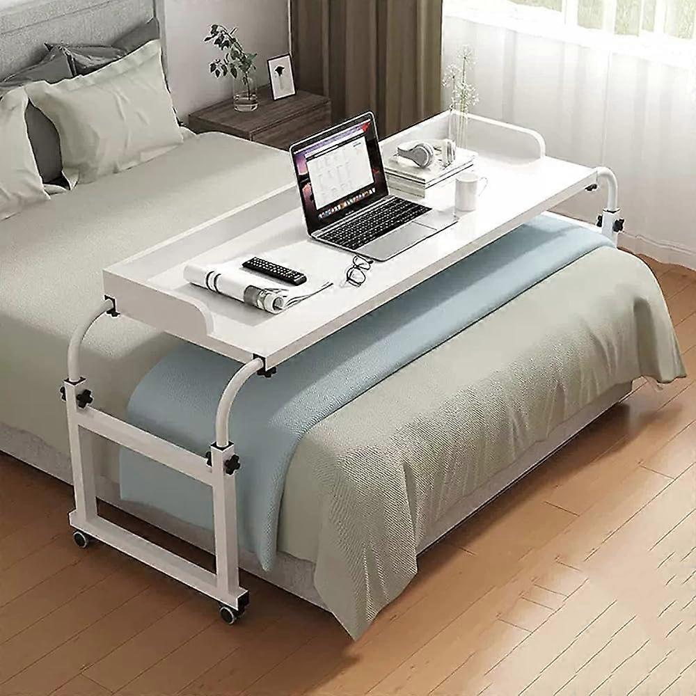 Adjustable Bed Table with Wheels, Extendable Mobile Workstation for Beds, Height Adjustable, Fits Double to King Size, White