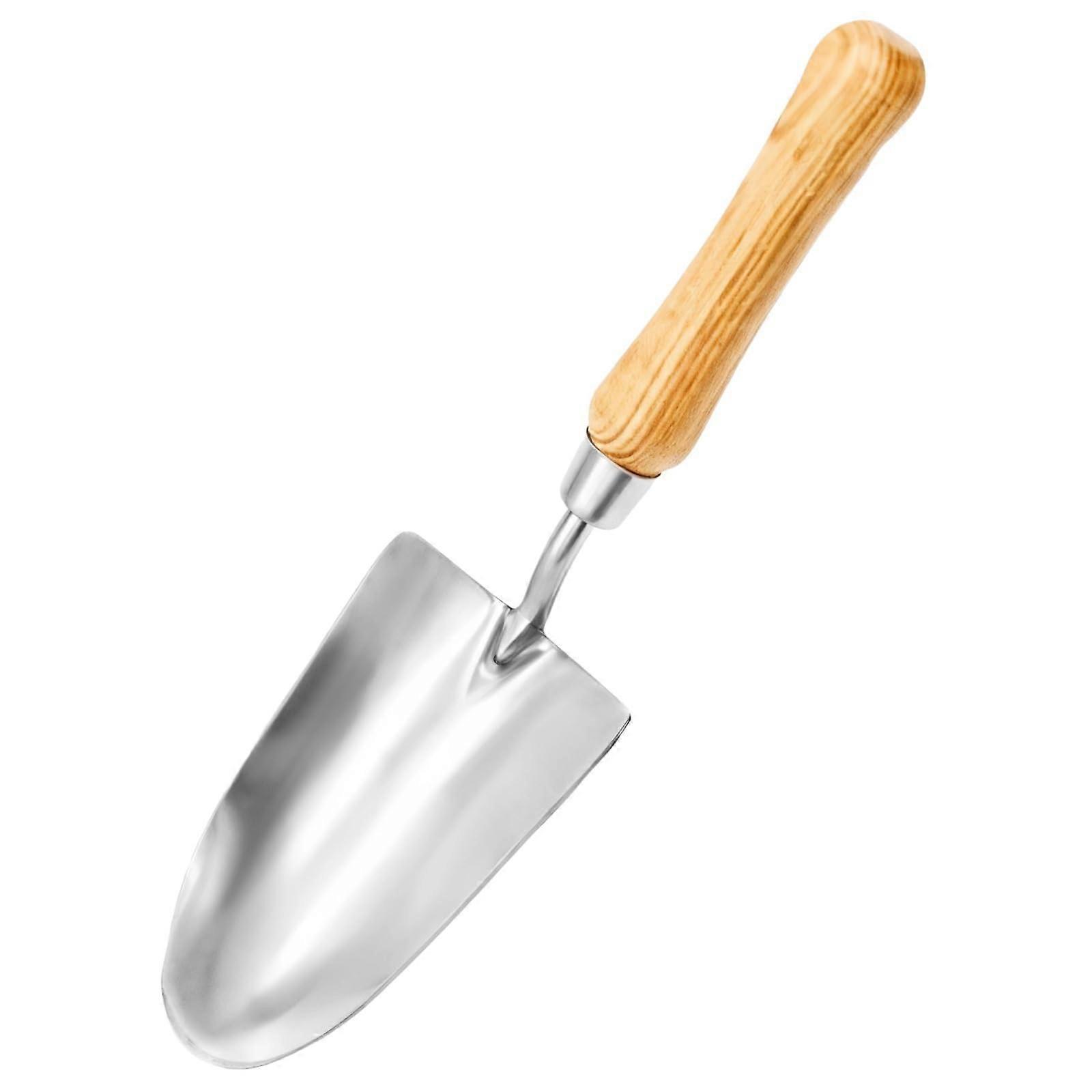 Ergonomically shaped stainless steel hand trowel with wooden handle, including precise depth measurements for gardening.