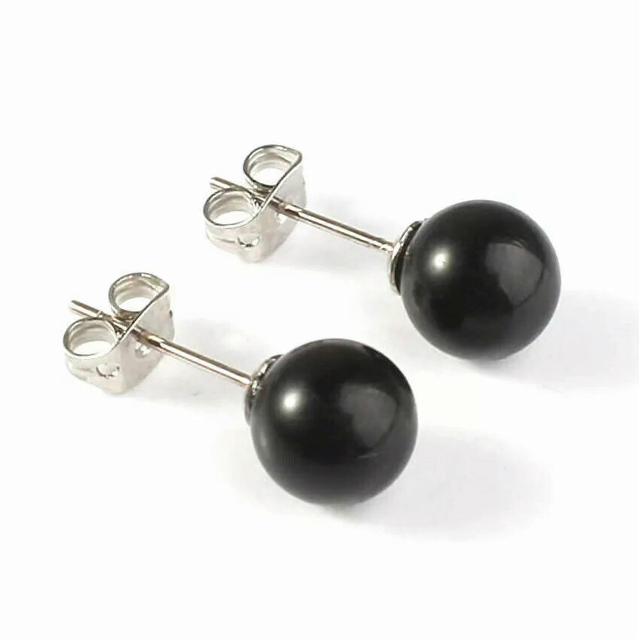 女性のためのラウンドジェムストーンビーズ付き10mmブラックアゲートスタッドピアス、シルバーメッキ