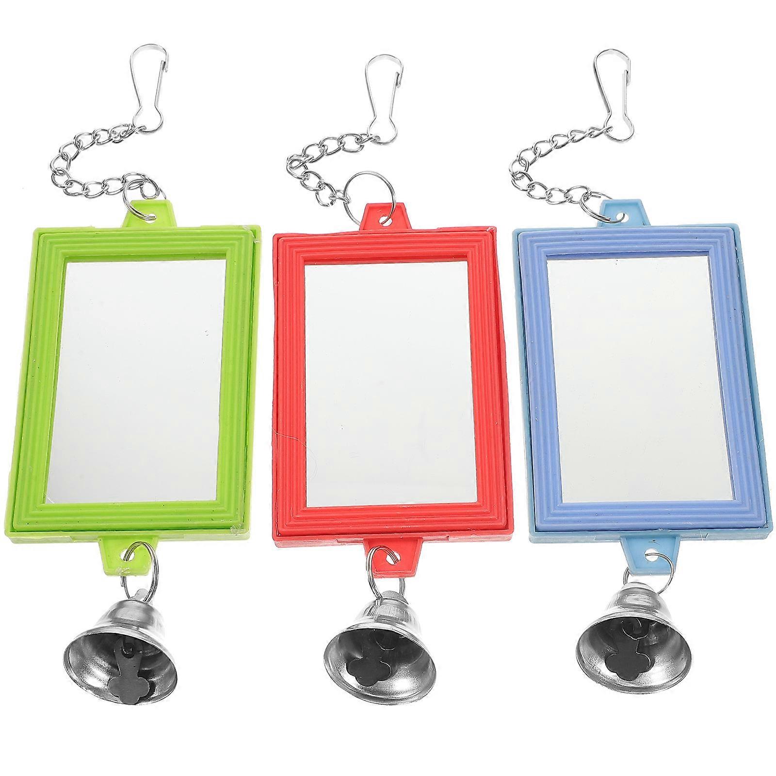 3pcs Hanging Parakeet Mirror with Bell, Double Sided Round Bird Cage Accessory for Budgie Cockatiel Conure Interaction & Preening Entertainment