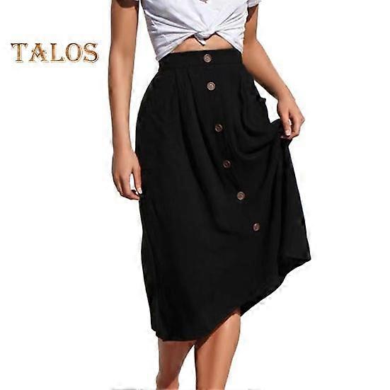 Women Midi Skirt Elastic High-Waisted Slimming Style Mid-calf Length Skirt with Pockets Solid Color Buttons Decor A-Line Skirt