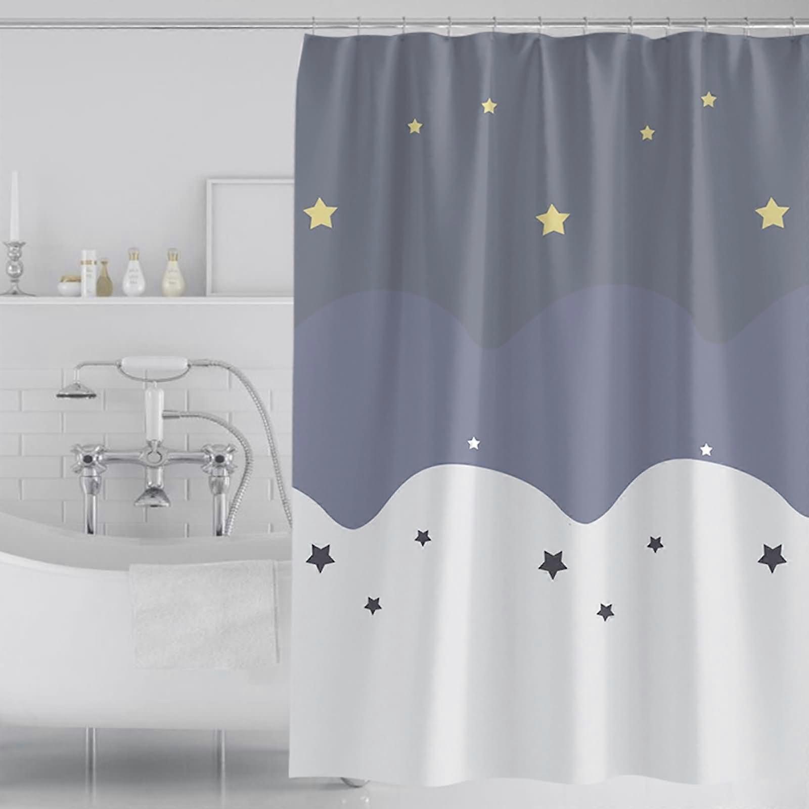 Shower Curtain with Eyelets, 100 W x 200 H cm, Bath Curtain Grey Star Pattern Polyester Shower Curtain Hooks Shower Curtain