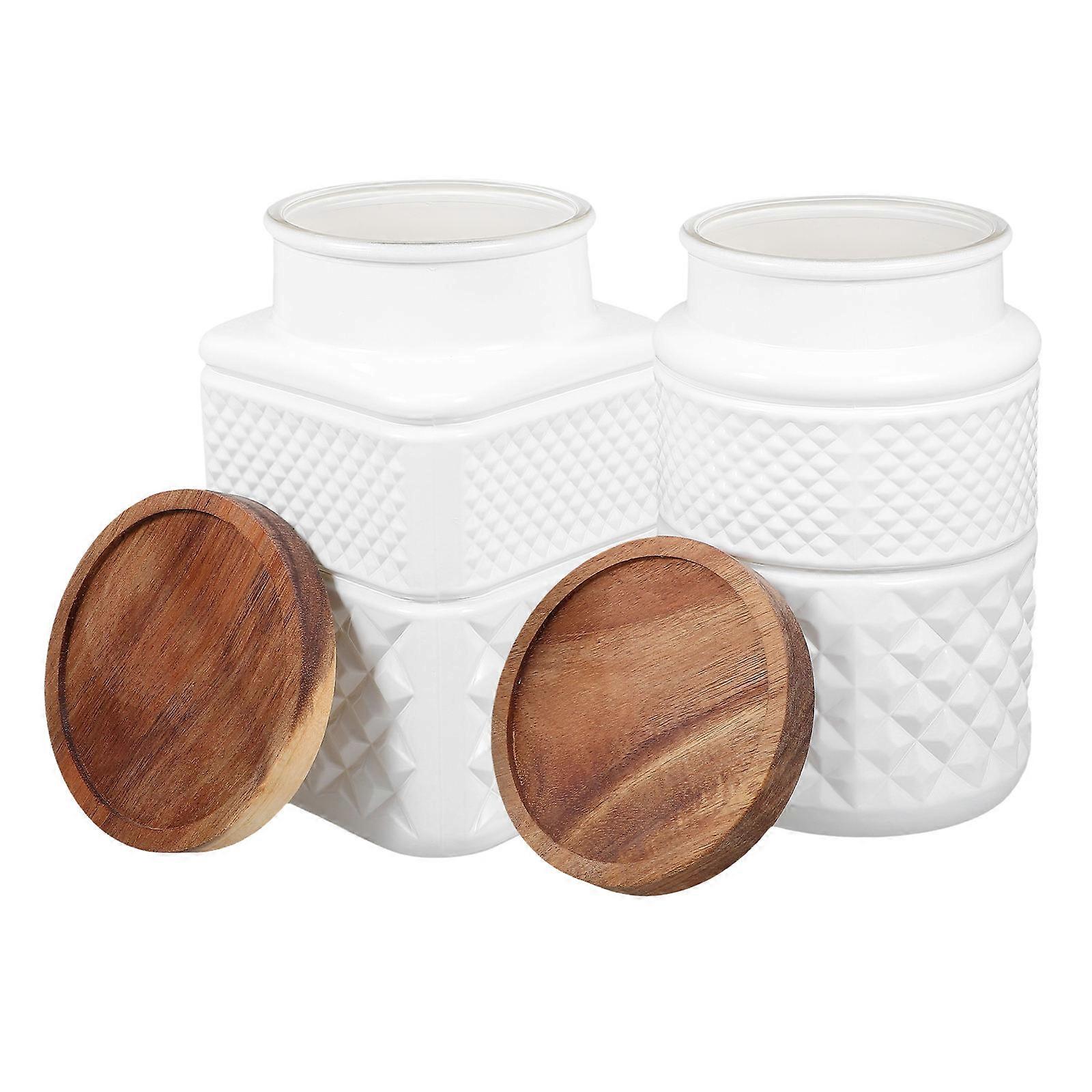 Sealed Storage Jar with Wood Lid for Home in White Material 2 Pieces