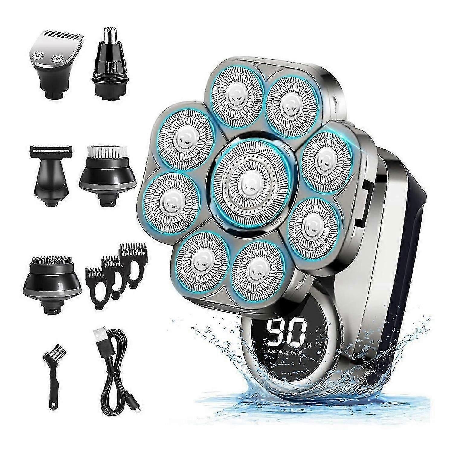 Head Shaver, 9D Electric Razor IP67 Waterproof Men's Rotary Head Beard Shaver with LED Display, Elec