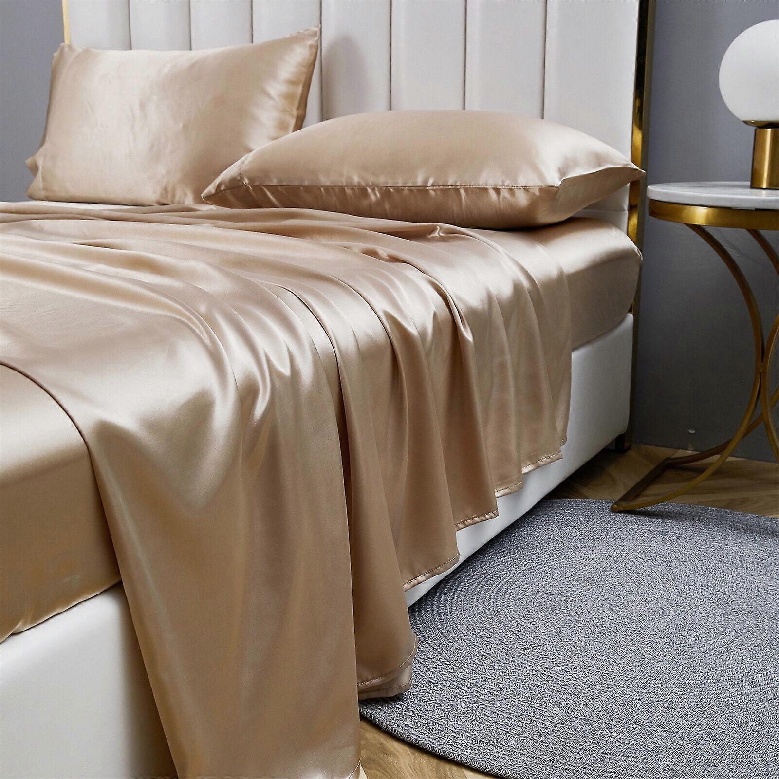 4PC King Size Satin Sheet Set Solid Color Bed Sheets Deep Pocket Fitted Sheet