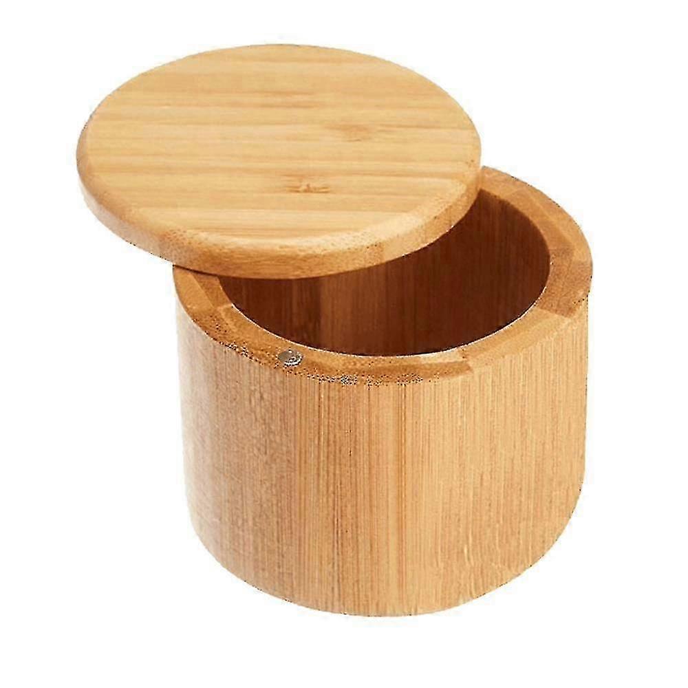 Premium Bamboo Salt Container, Salt Cellar With Magnetic Swivel Lid - Salt Box With Spoon