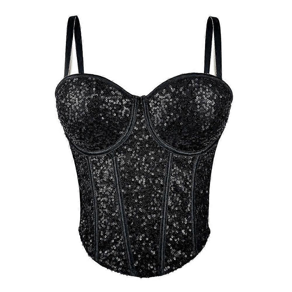 Women's Sequined Mesh Corset Top with Adjustable Straps and Boning for Party Wear, Wine Red Size 40