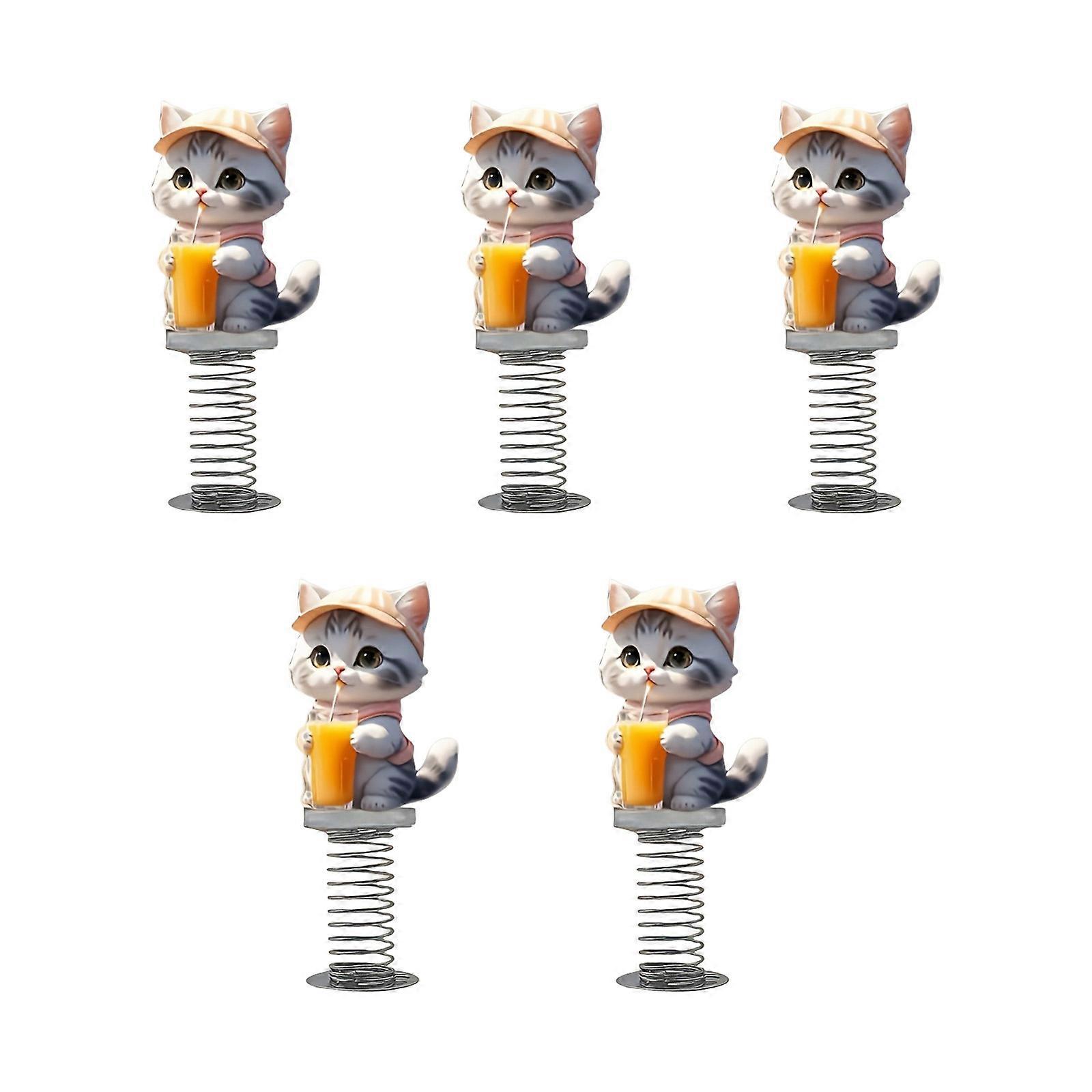 5 Piece 2D Flat Acrylic Moving Toy Funny Cats Sipping Juices Charm with Spring For Car Dashboard And Desk Display Multicolor