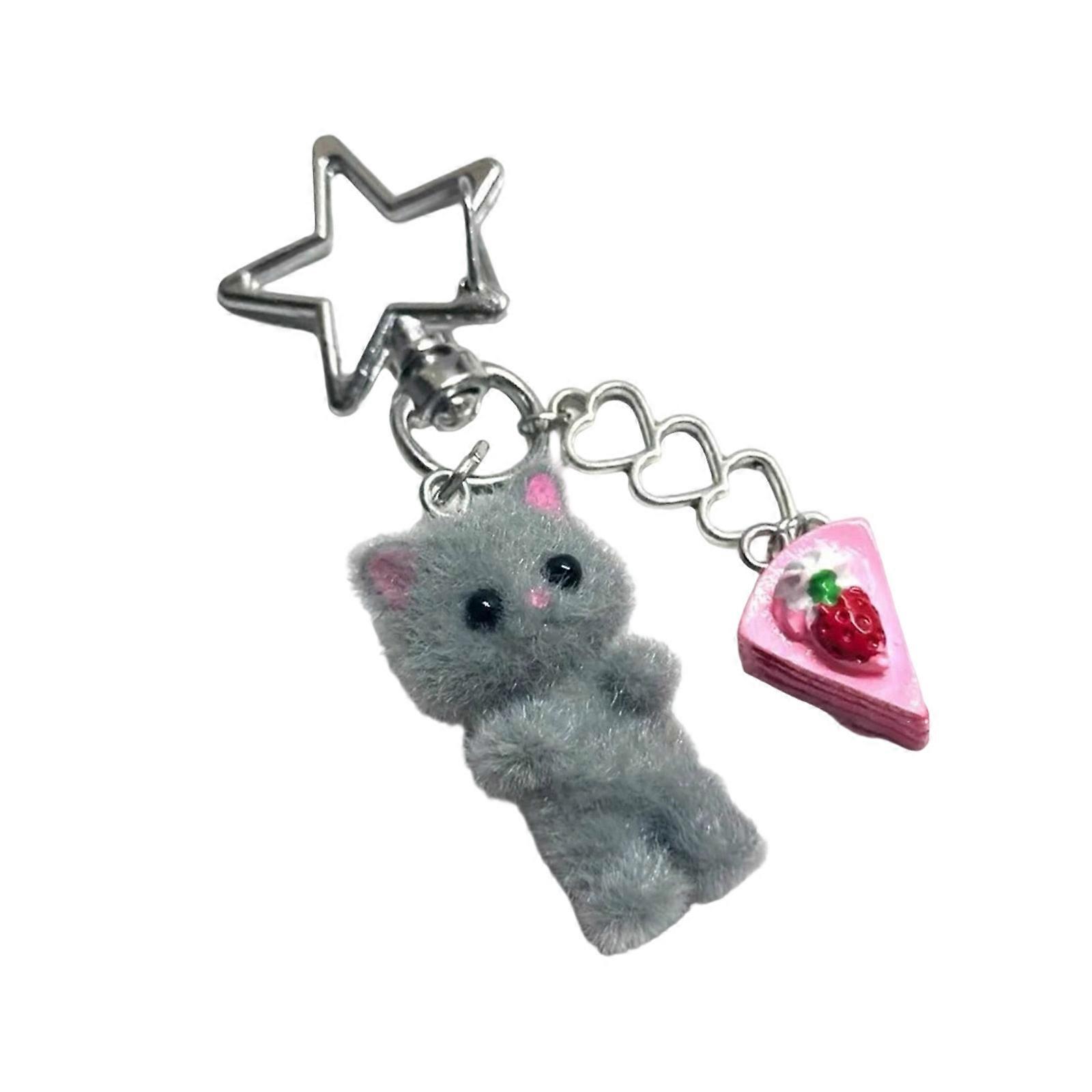 Delicate Flocking Cat Keyring Cake Charm Soft Plush Ornament Cute Decorative Key Pendant Adornment For Bags And Keys Multicolor