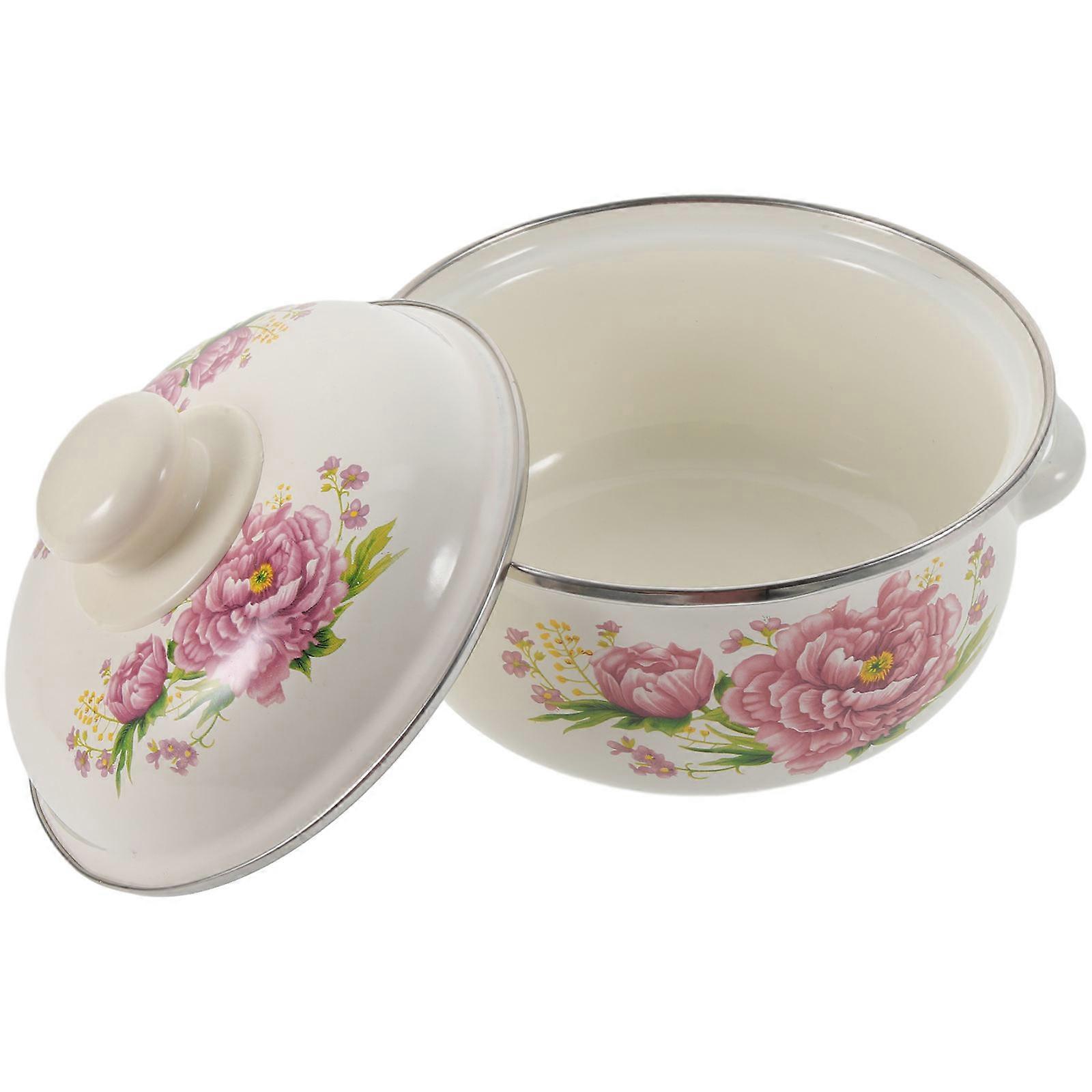 Stew Pot Thickened Enamel Flat Bottom Double Ears Household Soup Pot Pink Even Heating 1Set