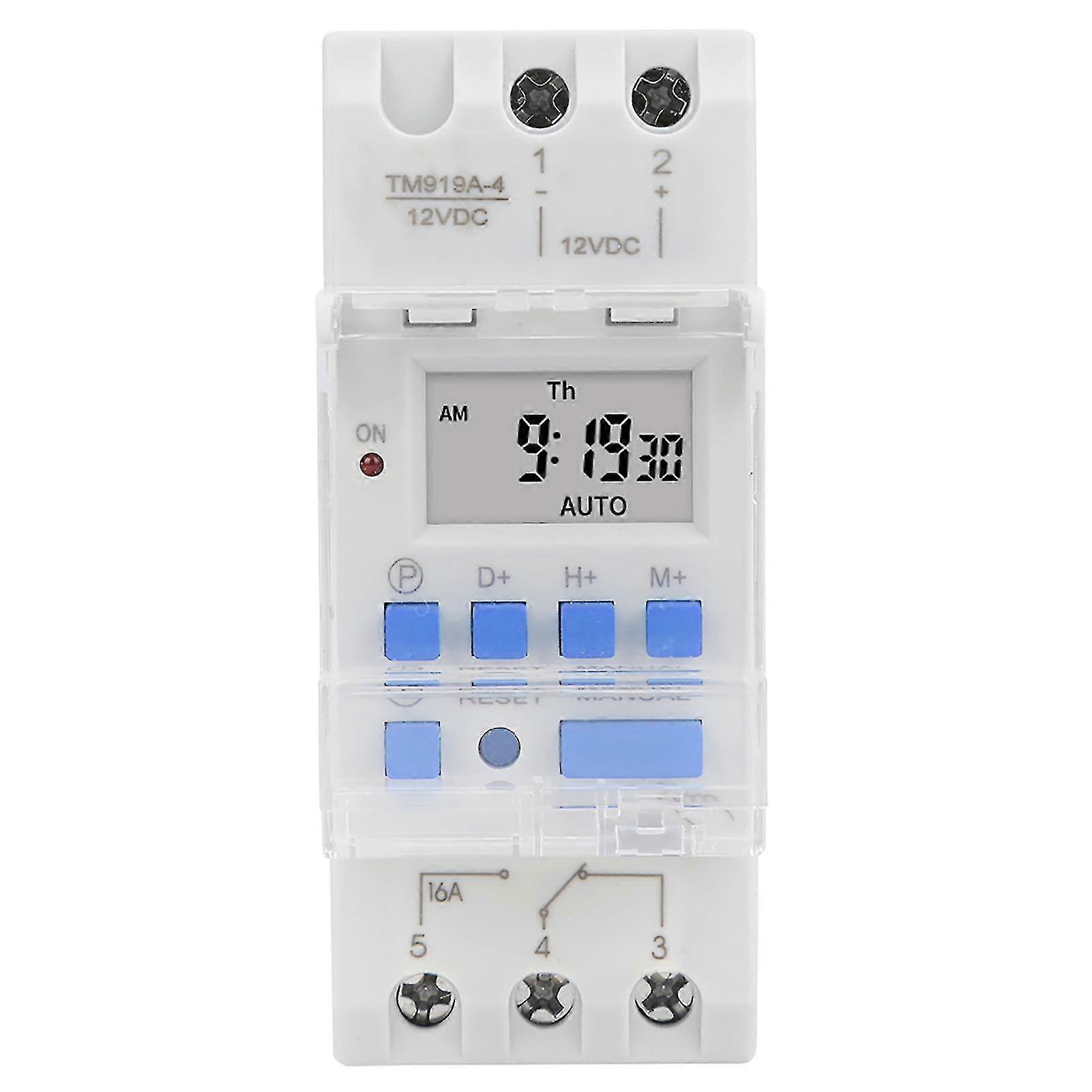 16A 12V DC Programmable Timer Switch with LCD Countdown, Removable Battery DIN Rail