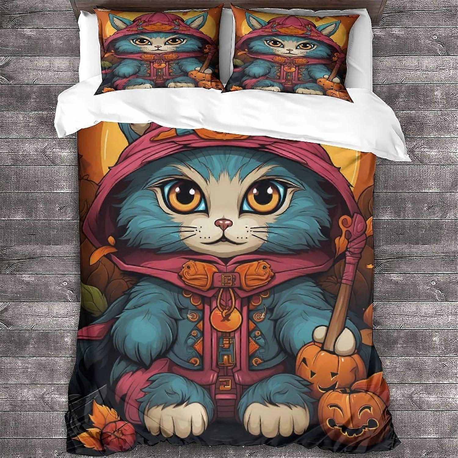 LikeEj Cat Duvet Capa Halloween Print Design Roupa de Cama Set Microfibra Macia com Zíper Fechamento Animal Colcha Capa Fraschas Duplo
