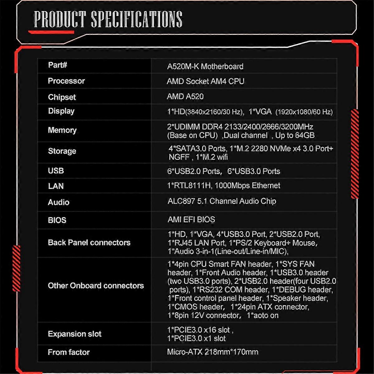 A520M-K Gaming Motherboard for AM4 2xDDR4 Memory 64GB Nvme M.2 USB3.2 Micro-Type ATX Desktop Motherboard