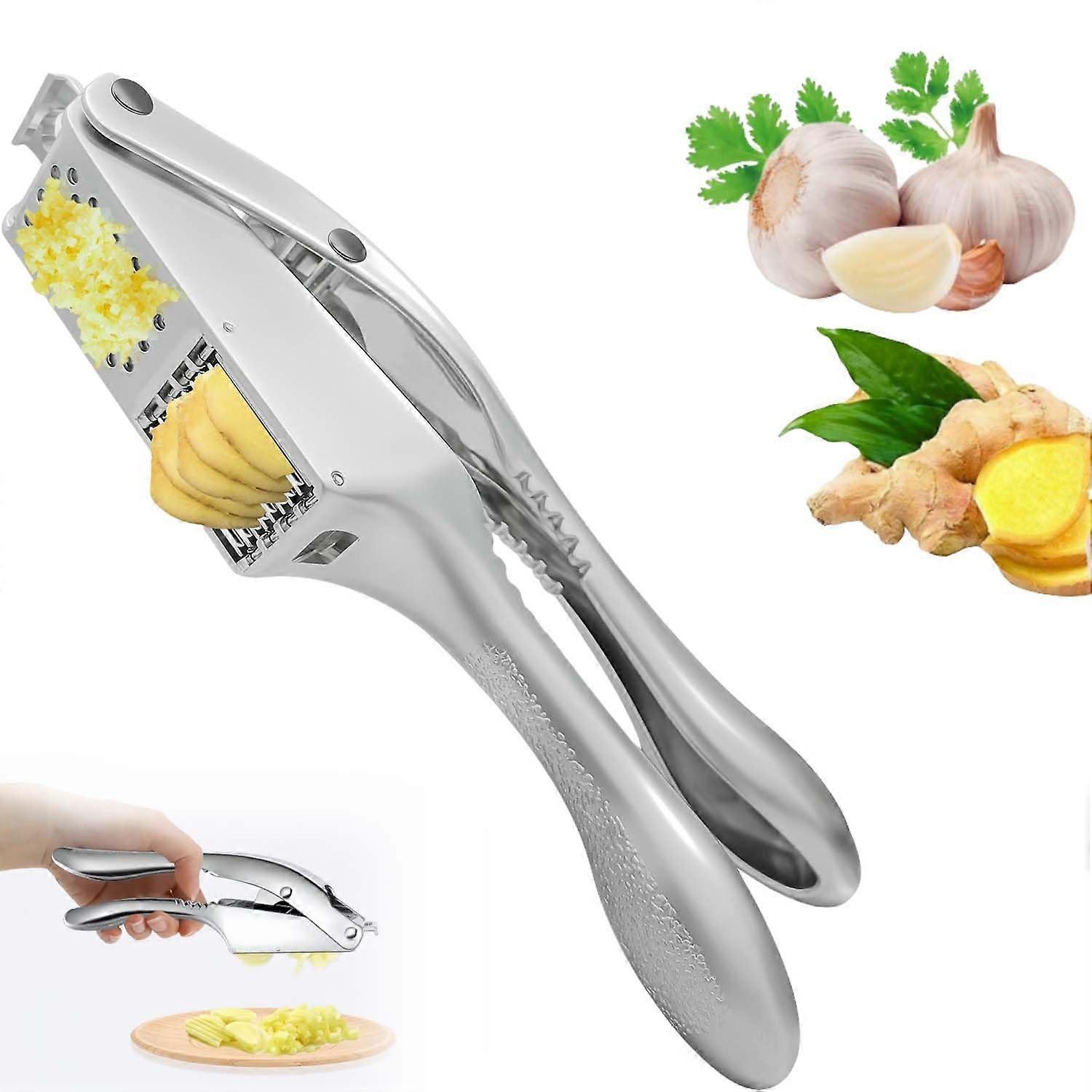 2 in 1 Garlic Press and Slicer, Heavy Duty Stainless Steel Garlic Mincer, Ergonomic Handle, Matte Silver