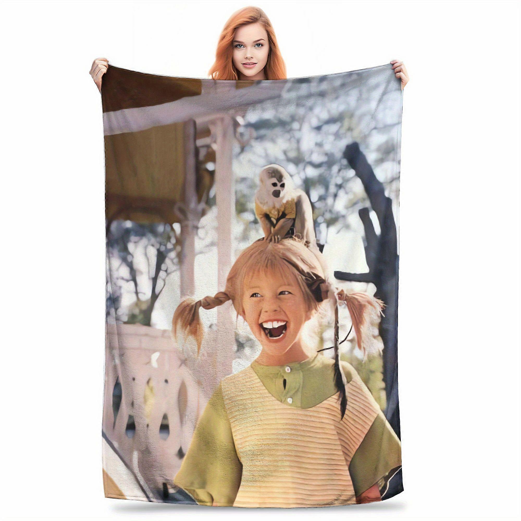Couverture Pippi Longstocking ZLIENSZUS - Plaid doux en flanelle toutes saisons, confortable et douillet, avec imprimé vintage Pippi et singe, style nostalgique G-AZXCV126