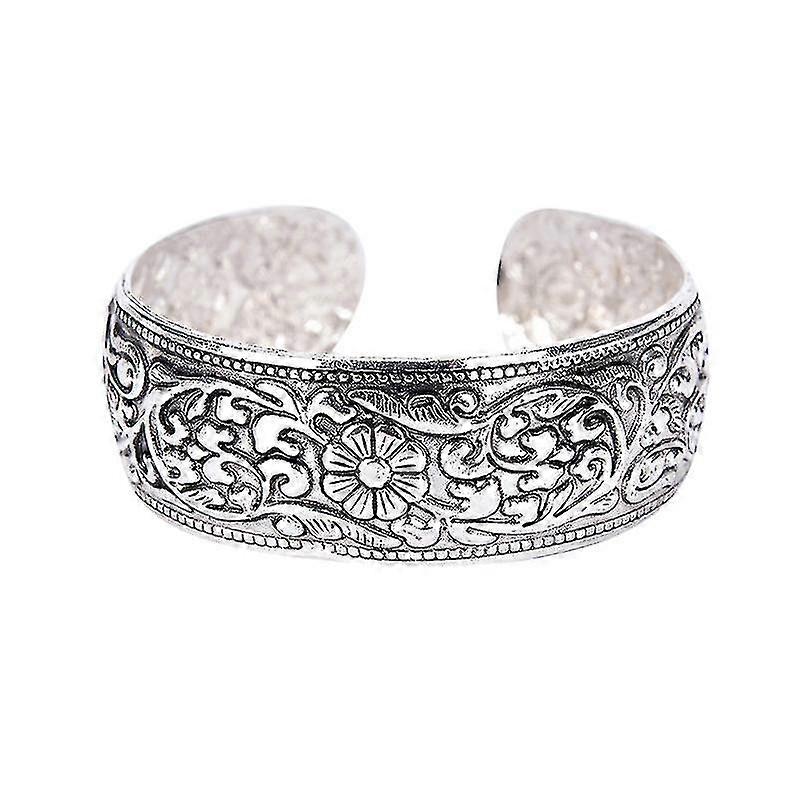 Pulseira de prata tibetana com flor da sorte esculpida - Nova pulseira totem