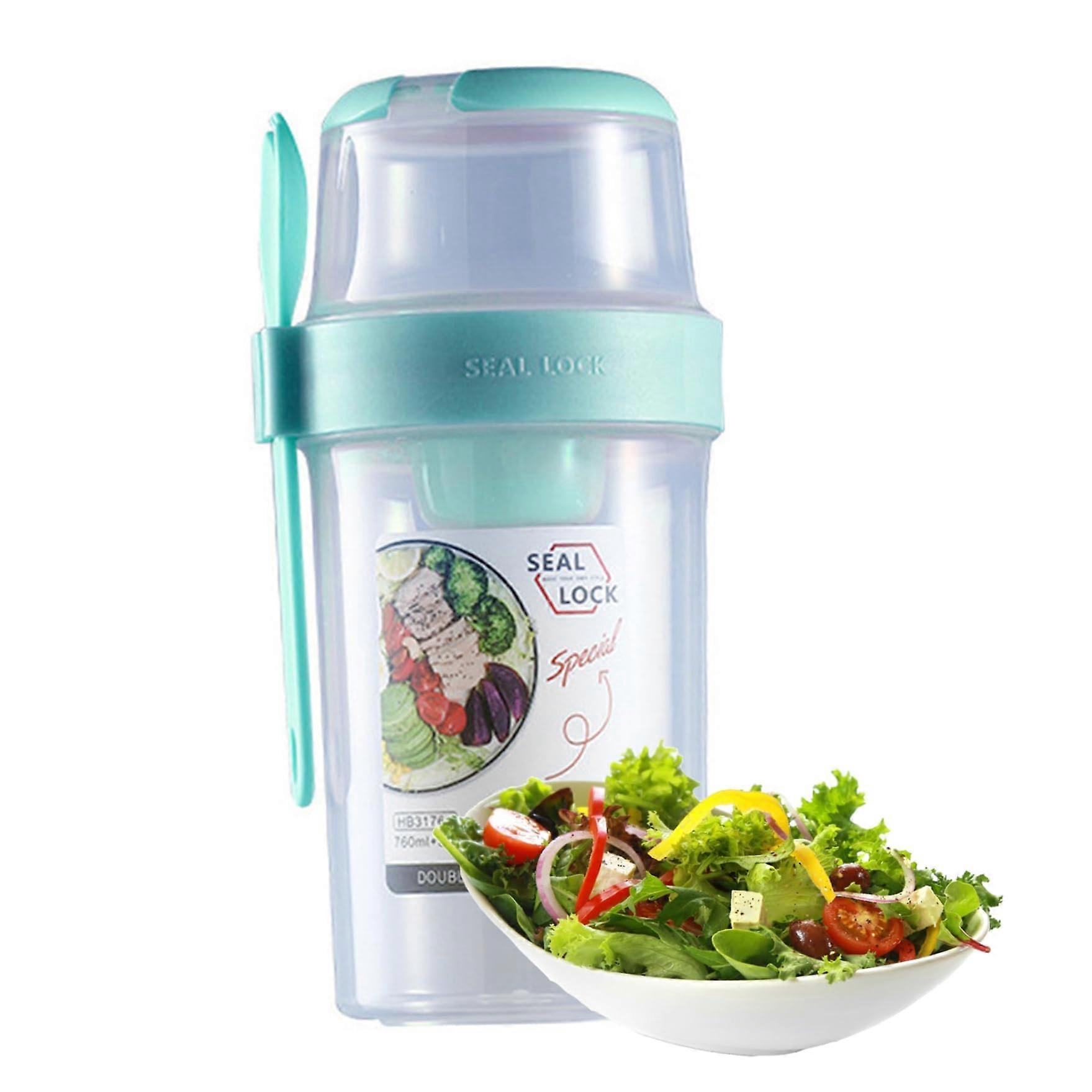 Salad Shaker Cup Double Layer Leakproof with Fork and Dressing Holder for Lunch Cyan L