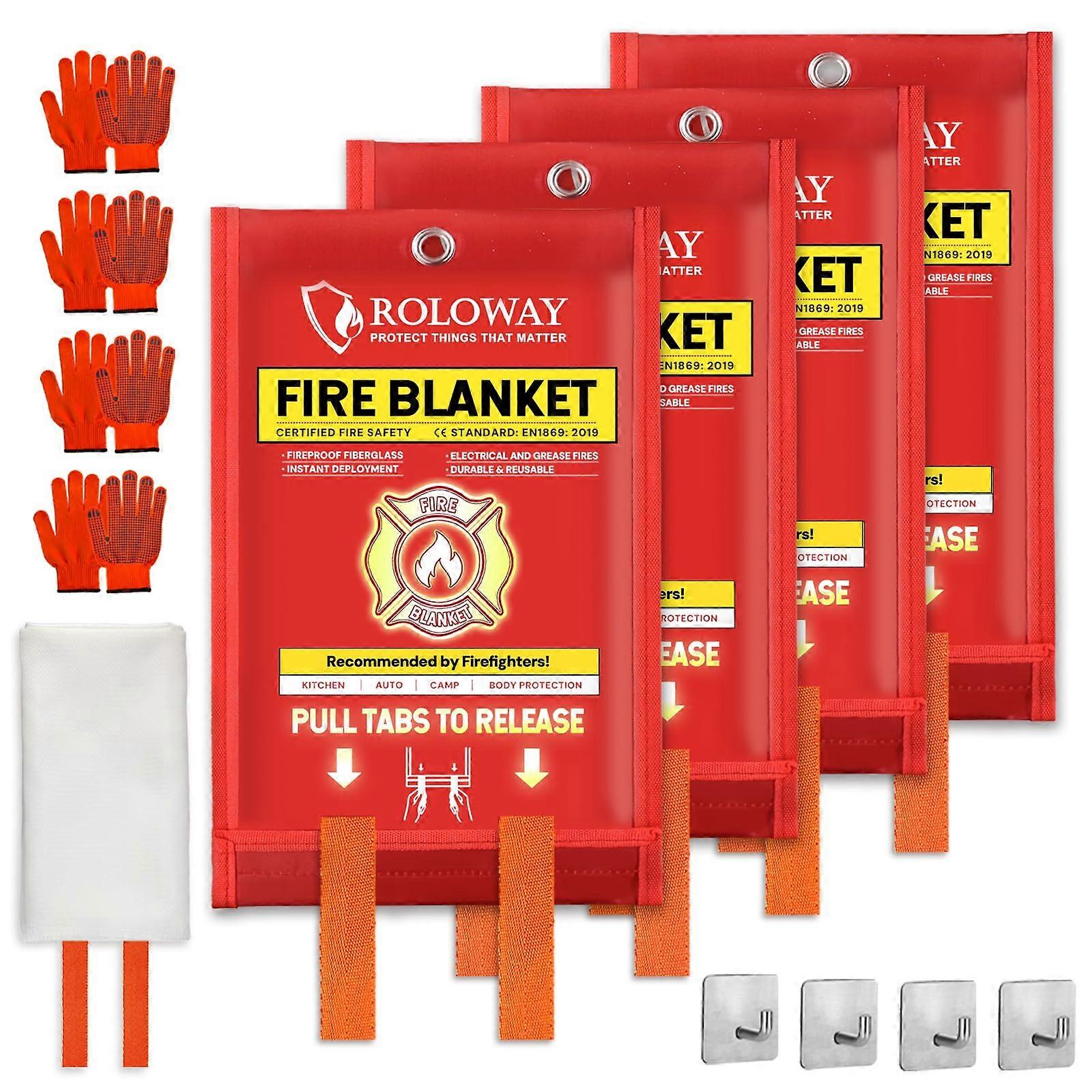 Emergency Fire Blanket 2000°F Heat Resistant for Kitchen and Home Safety with Hooks and Gloves, 40'x40' 4 Pack
