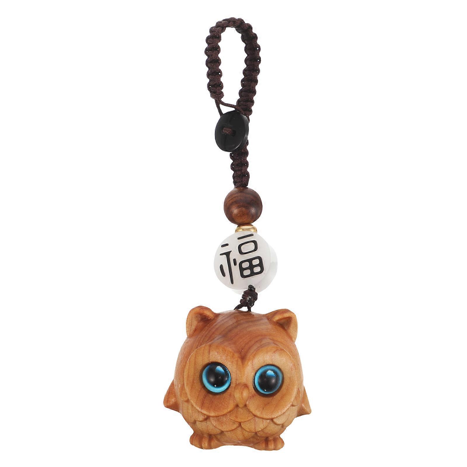 Adorable Owl Wood Keychain Unique HandCarved Design for Car Keys and Handbag Decoration Khaki Small Size