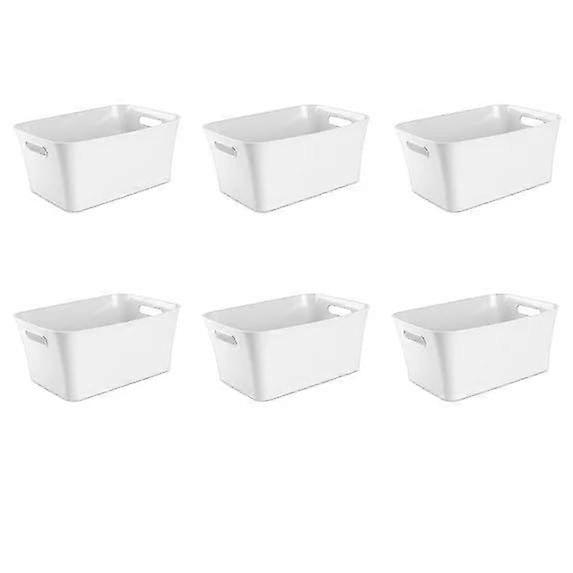 Large White Plastic Storage Bins with Handles, Textured Decorative Containers for Shelves, 6 Pack