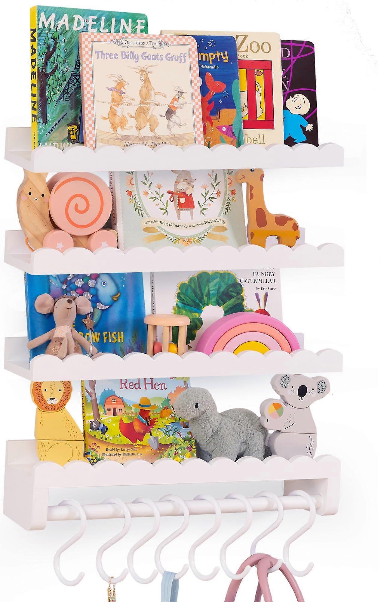 4Pack Nursery Wall Shelves with Hanging Rod and Hooks, Scalloped Kids Room Bookshelf Set