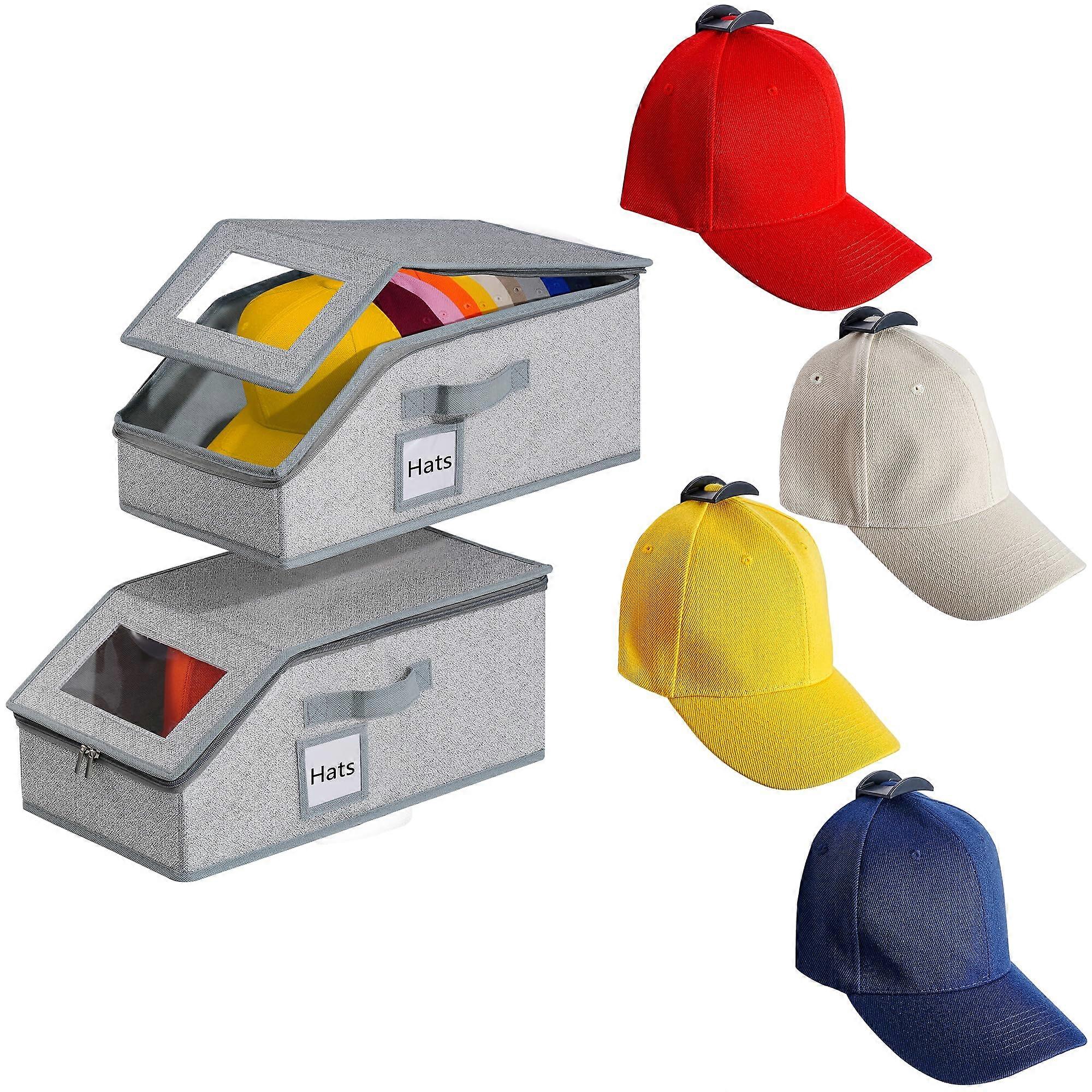 Baseball Cap Organizer Holds 30 Hats with Hooks, Stackable Dustproof Hat Storage Box for Closet