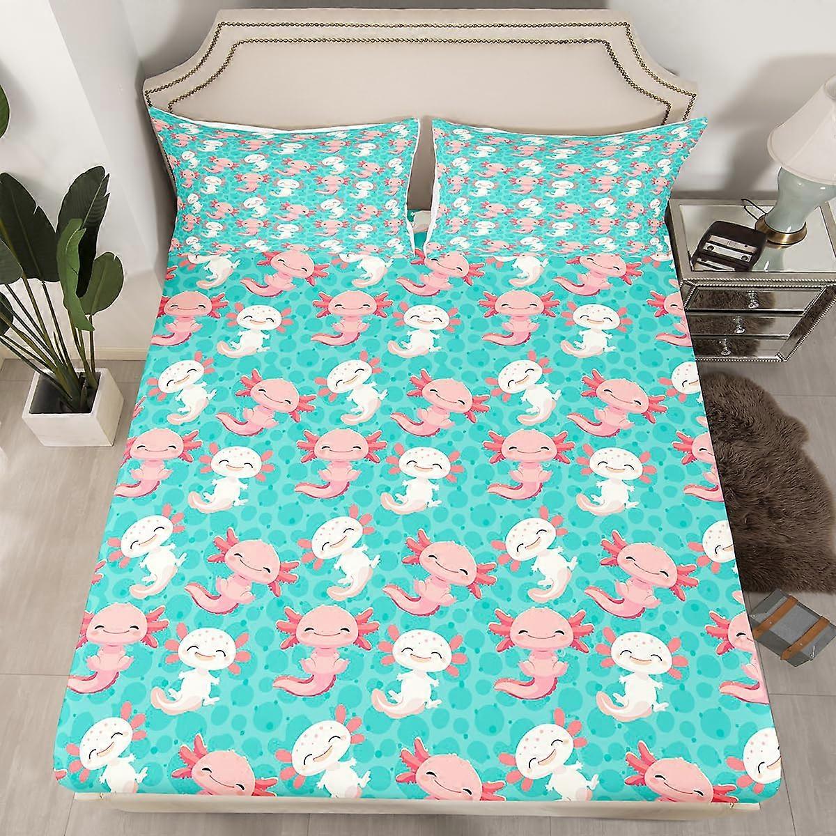 Cute Axolotl Twin Fitted Sheet with Deep Pocket Design, Kids Bedding Set Twin Size, Green Multi