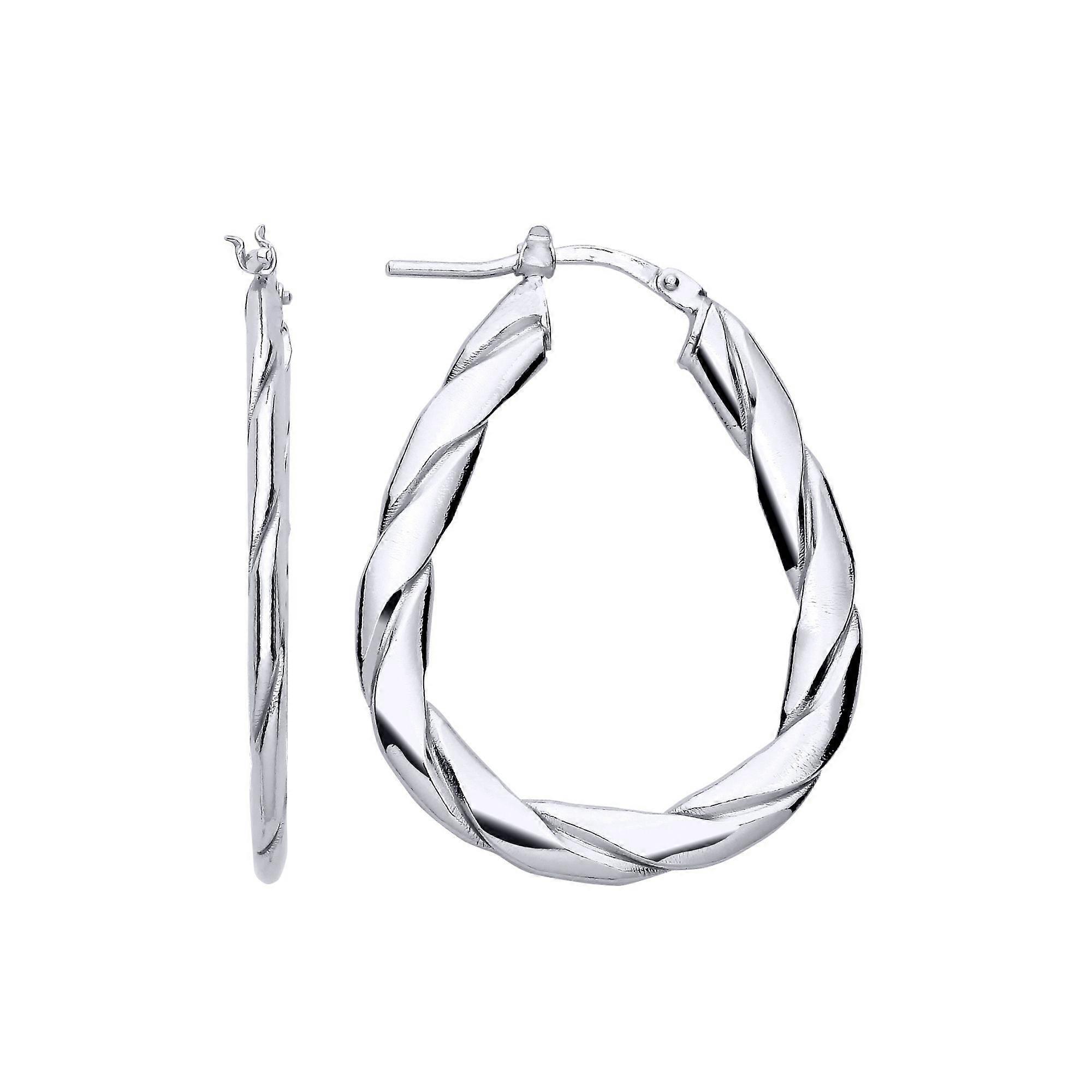 Jewelco London Ladies Rhodium Plated Sterling Silver Plaited Flat Twist Pear Hoop Earrings