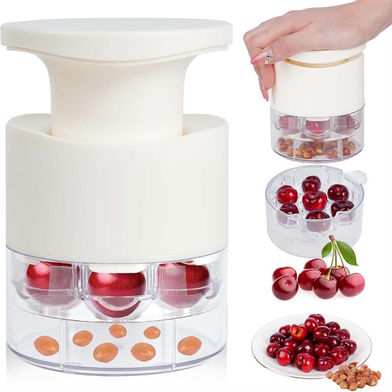 Cherry Pitter 7Hole PushType with BuiltIn Pit Storage Tray, Easy MultiCherry Seed Remover for White