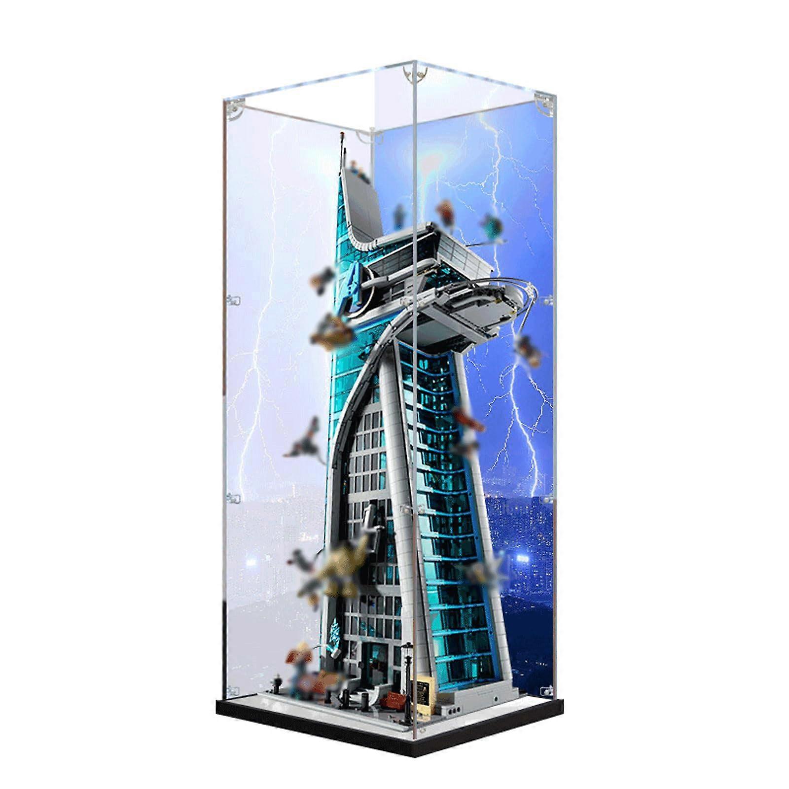 Acrylic Display Case for  Avengers Tower 76269, Dustproof Clear Box with Mirrored Base and  Background