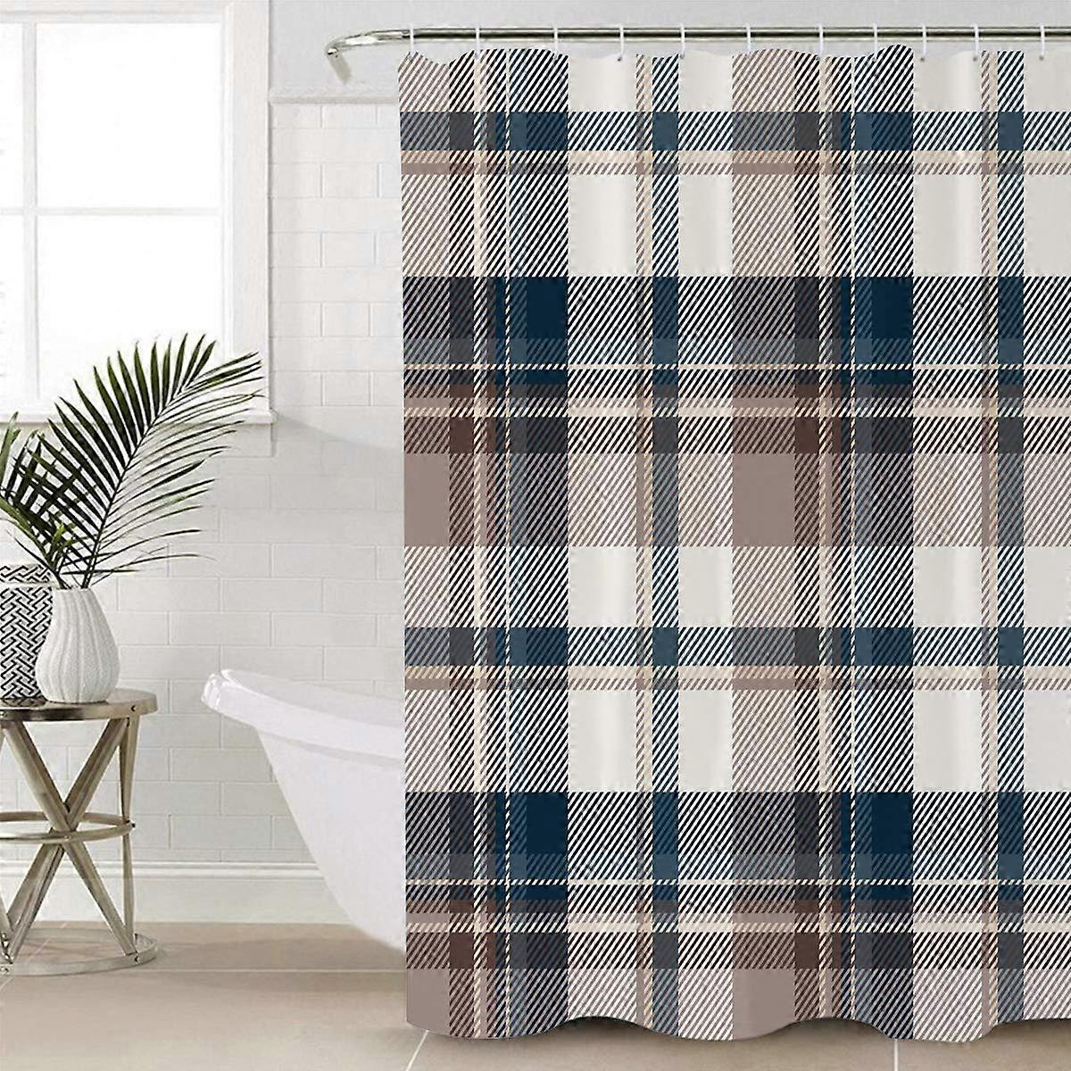 Waterproof Polyester Shower Curtain with Hooks, Brown Grid Pattern, Extra Long 72 x 96 Inch