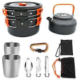 Portable Camping Teapot Set with Green Handle - Includes Teapot, Frying Pan, Tea Cups, Cutlery & Carabiner