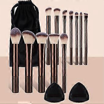 15 Pcs Professional Makeup Brush Set, 13 Aluminum Brushes with Velvet Pouch and 2 Sponges, Powder Eyeshadow Detail Blush Brushes, Travel Makeup