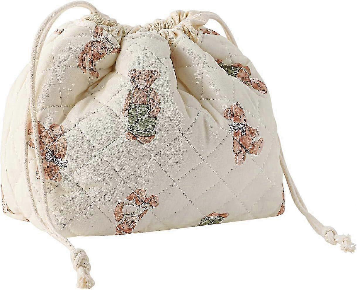 Quilted Drawstring Pouch, Cute Teddy Bear Print, Portable Storage Bag