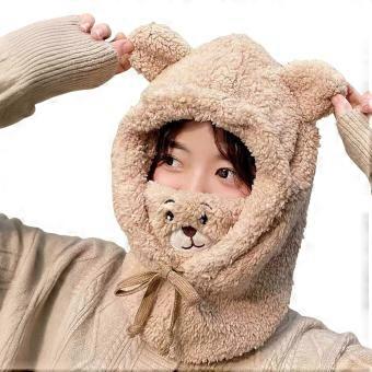 Cute Bear Hat Scarf Mask Set Women Winter Soft Warm Plush Animal Hooded Windproof Face Mask Set Women Winter Soft Warm Plush