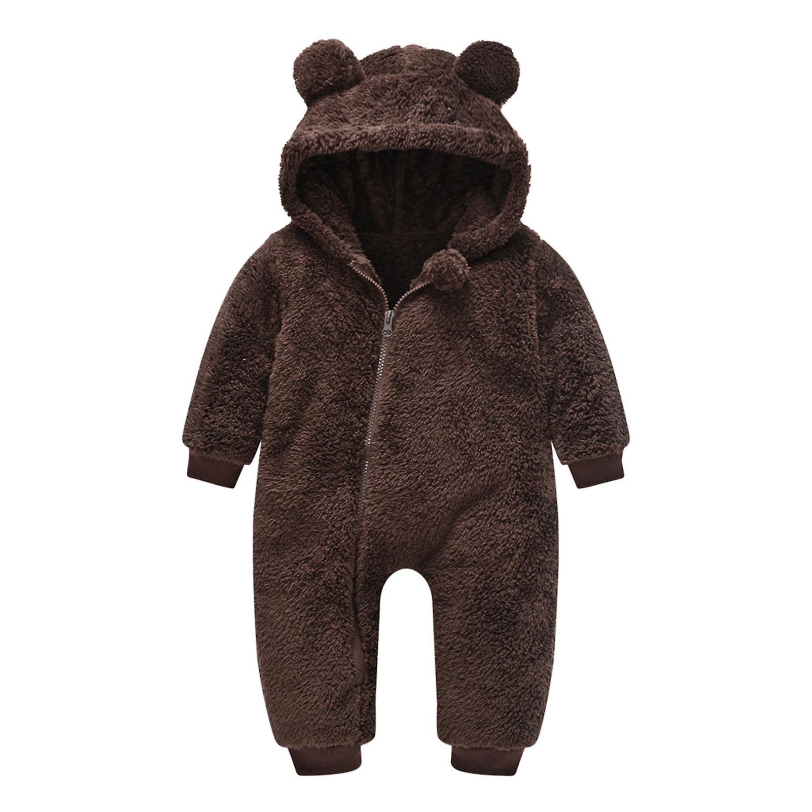 Kid's Hooded Plush Jumpsuit with Cute Bear Ears Hood Zipper Onesie Pajamas