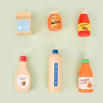Conjunto de brinquedo infantil de madeira para fazer leite e bebidas, com alimentos e utensílios de cozinha. Brinquedo educativo Montessori para crianças, com simulação e imitação.